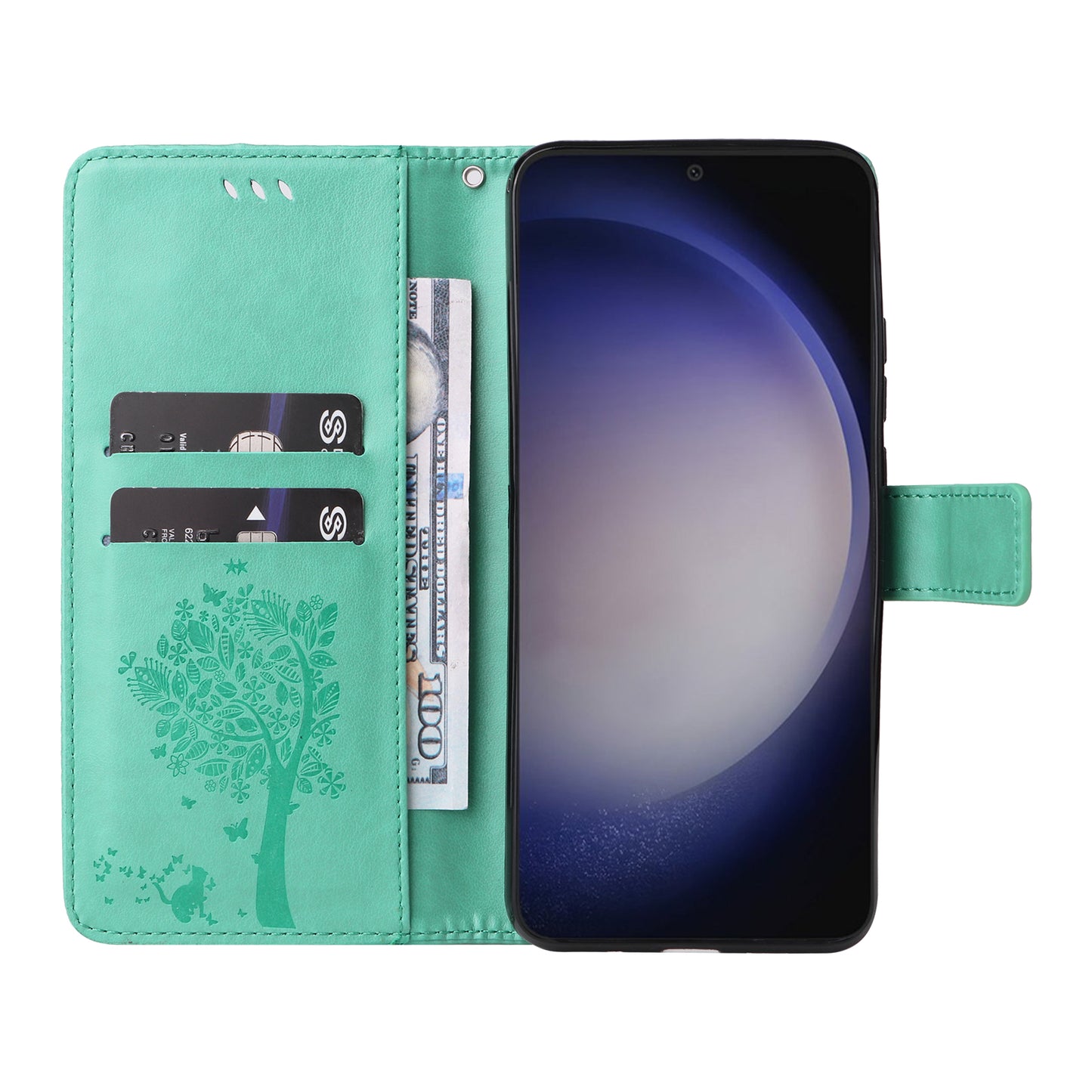KT Imprinting Flower Series-3 for Samsung Galaxy S24 Case Leather Cat Tree Phone Cover - Green