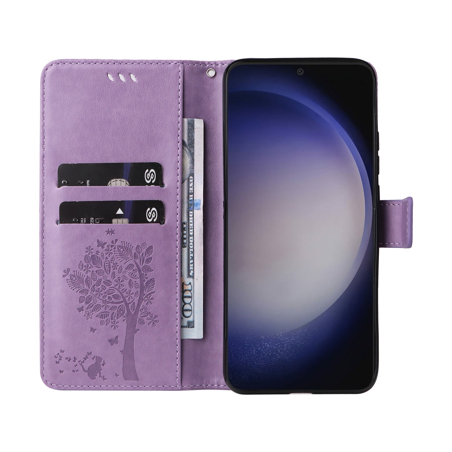 KT Imprinting Flower Series-3 for Samsung Galaxy S24 Case Leather Cat Tree Phone Cover - Light Purple