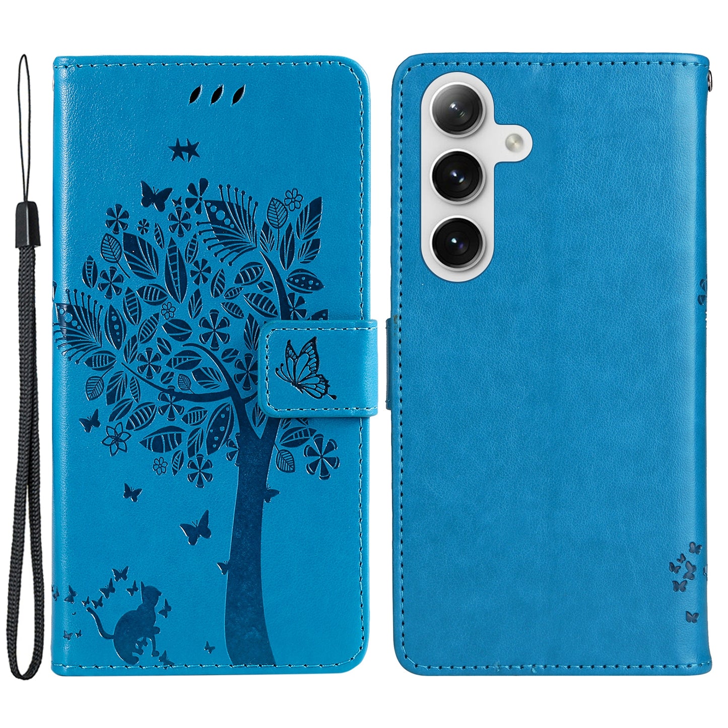 KT Imprinting Flower Series-3 for Samsung Galaxy S24 Case Leather Cat Tree Phone Cover - Blue