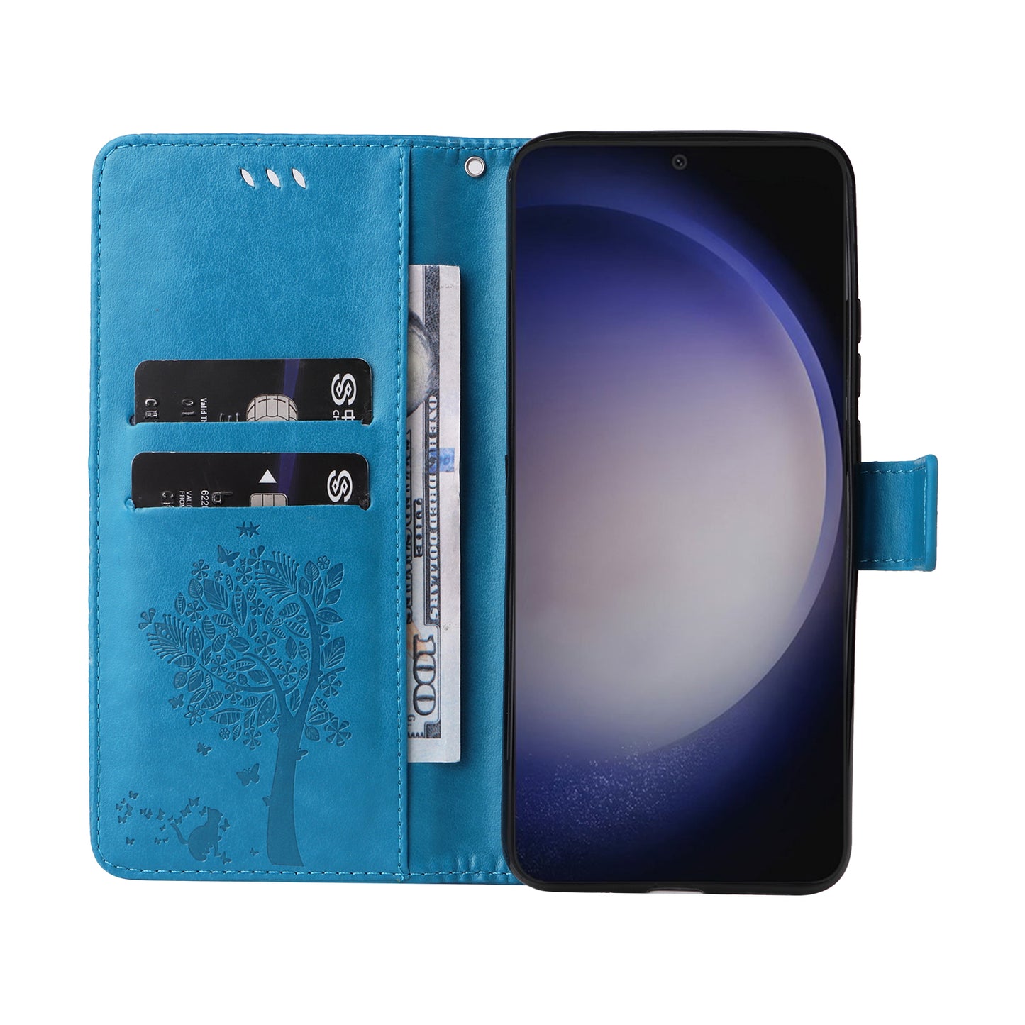 KT Imprinting Flower Series-3 for Samsung Galaxy S24 Case Leather Cat Tree Phone Cover - Blue