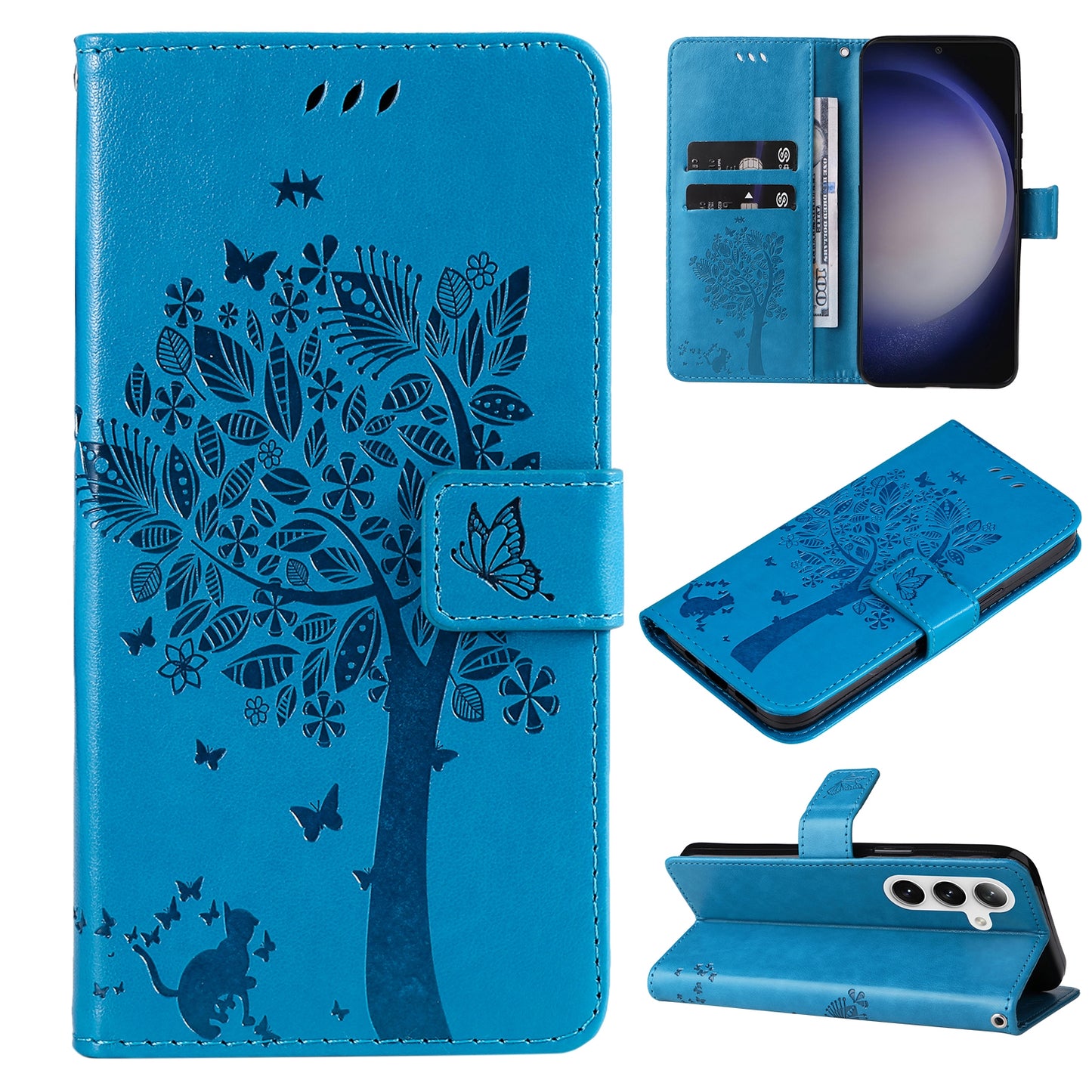 KT Imprinting Flower Series-3 for Samsung Galaxy S24 Case Leather Cat Tree Phone Cover - Blue