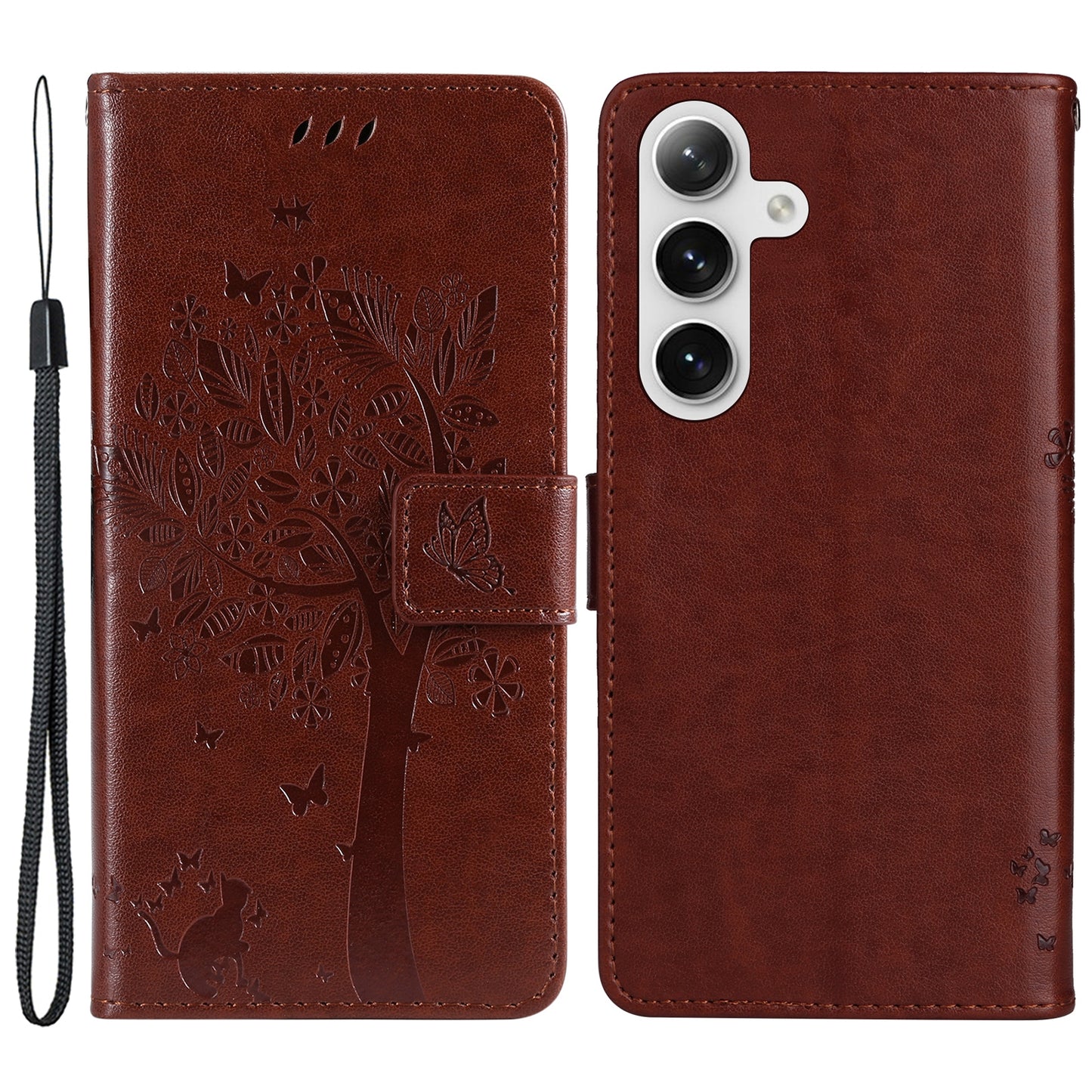 KT Imprinting Flower Series-3 for Samsung Galaxy S24 Case Leather Cat Tree Phone Cover - Coffee
