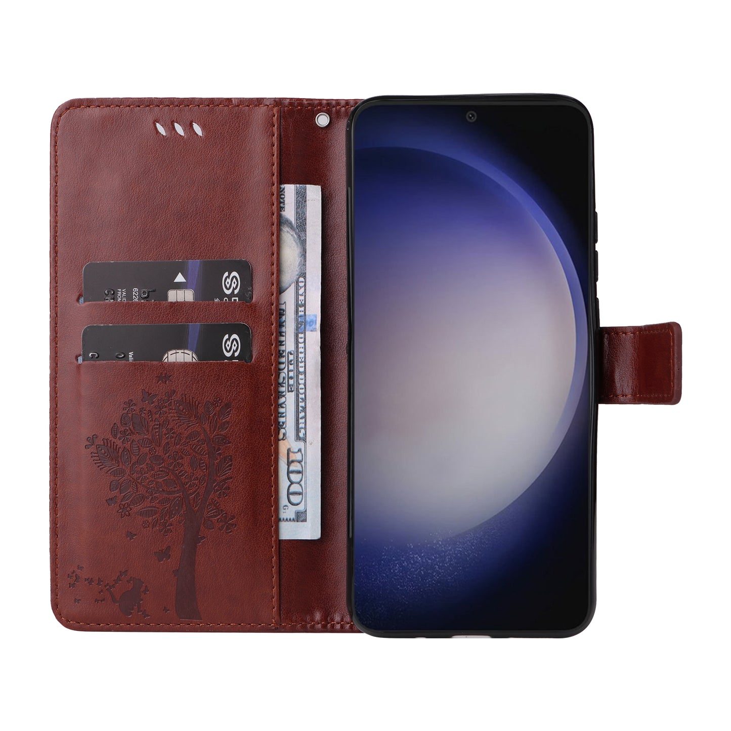KT Imprinting Flower Series-3 for Samsung Galaxy S24 Case Leather Cat Tree Phone Cover - Coffee