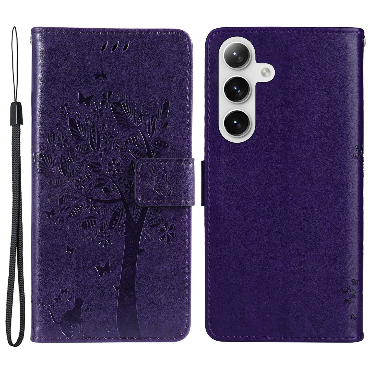 KT Imprinting Flower Series-3 for Samsung Galaxy S24 Case Leather Cat Tree Phone Cover - Purple