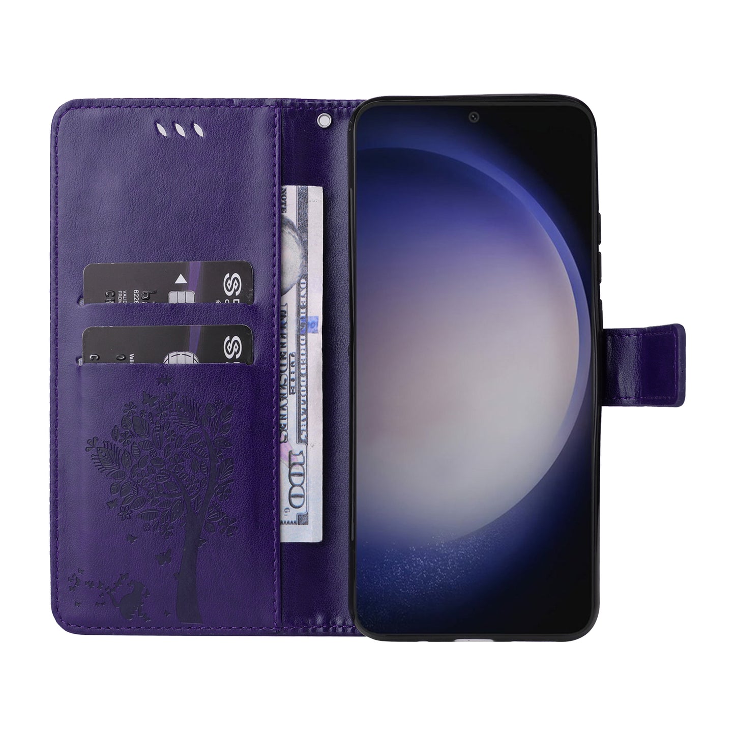 KT Imprinting Flower Series-3 for Samsung Galaxy S24 Case Leather Cat Tree Phone Cover - Purple