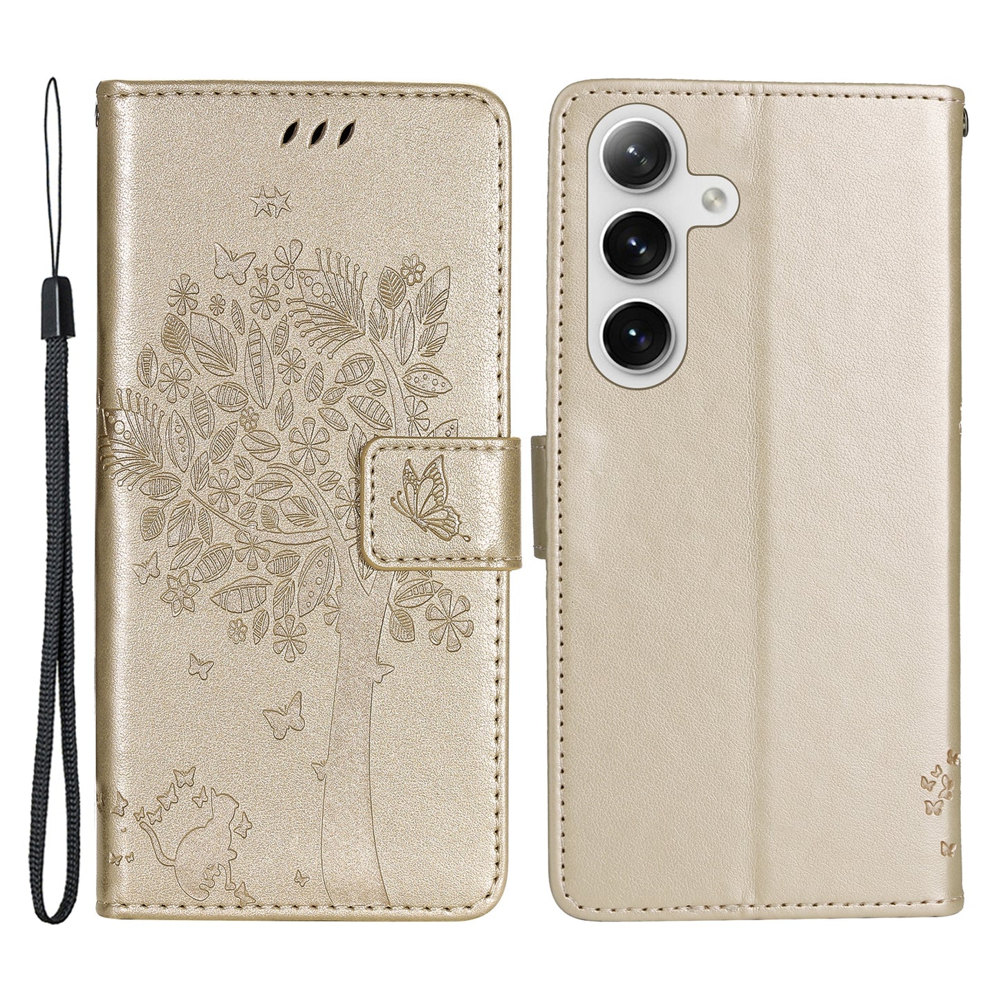 KT Imprinting Flower Series-3 for Samsung Galaxy S24 Case Leather Cat Tree Phone Cover - Gold
