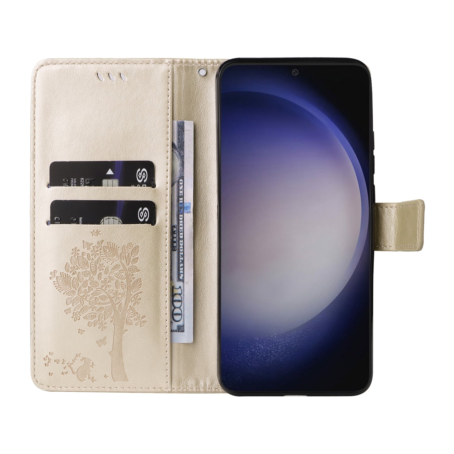KT Imprinting Flower Series-3 for Samsung Galaxy S24 Case Leather Cat Tree Phone Cover - Gold