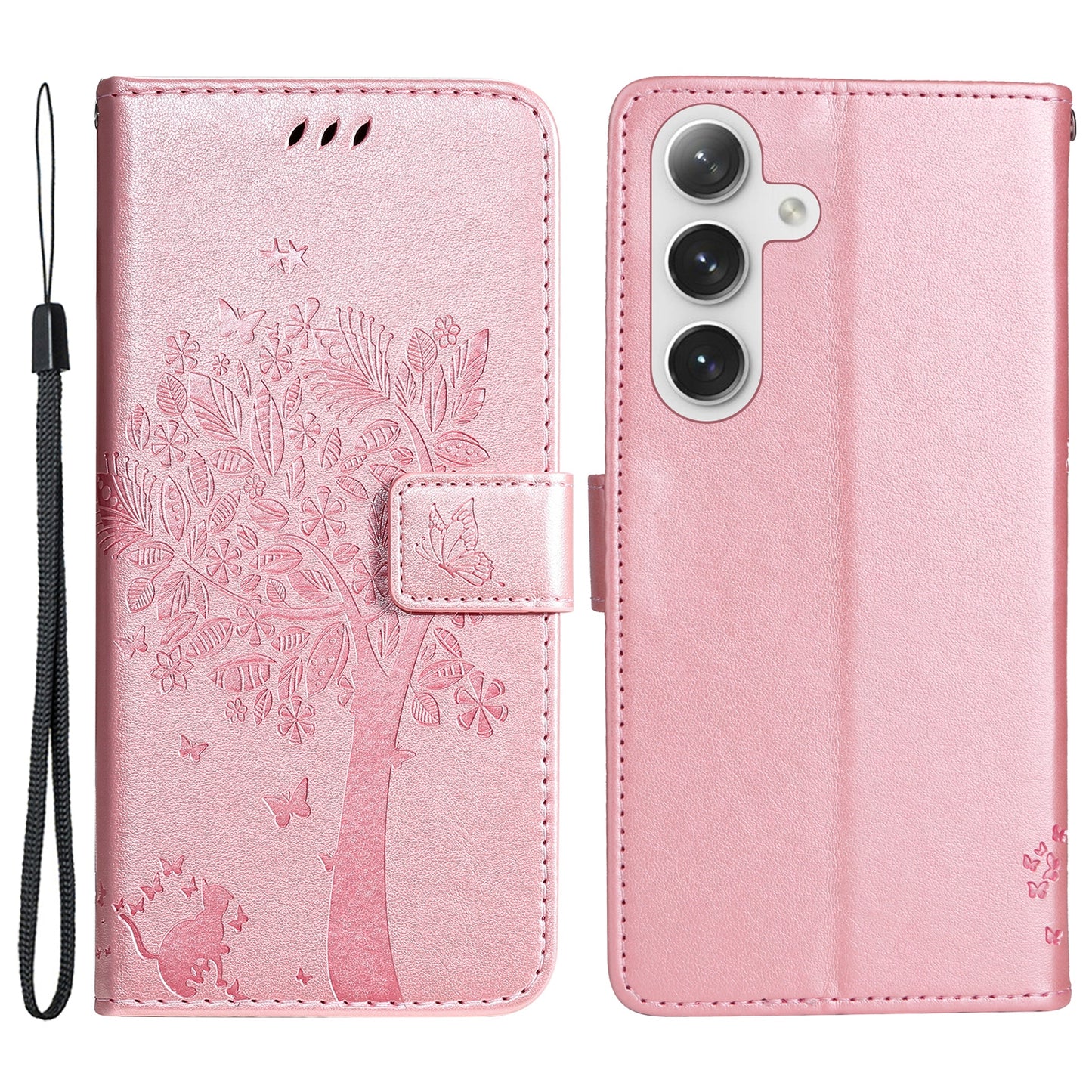 KT Imprinting Flower Series-3 for Samsung Galaxy S24 Case Leather Cat Tree Phone Cover - Rose Gold