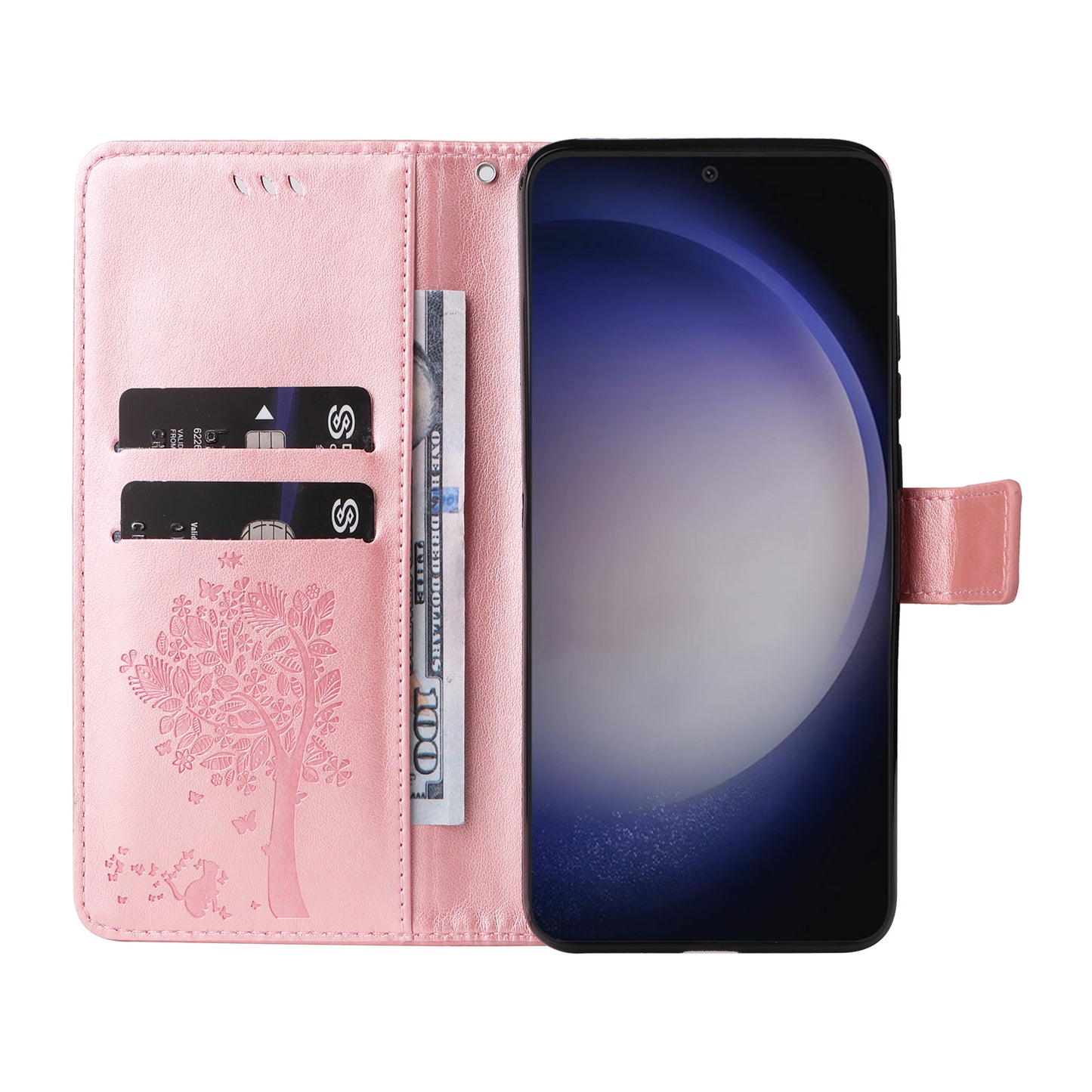 KT Imprinting Flower Series-3 for Samsung Galaxy S24 Case Leather Cat Tree Phone Cover - Rose Gold