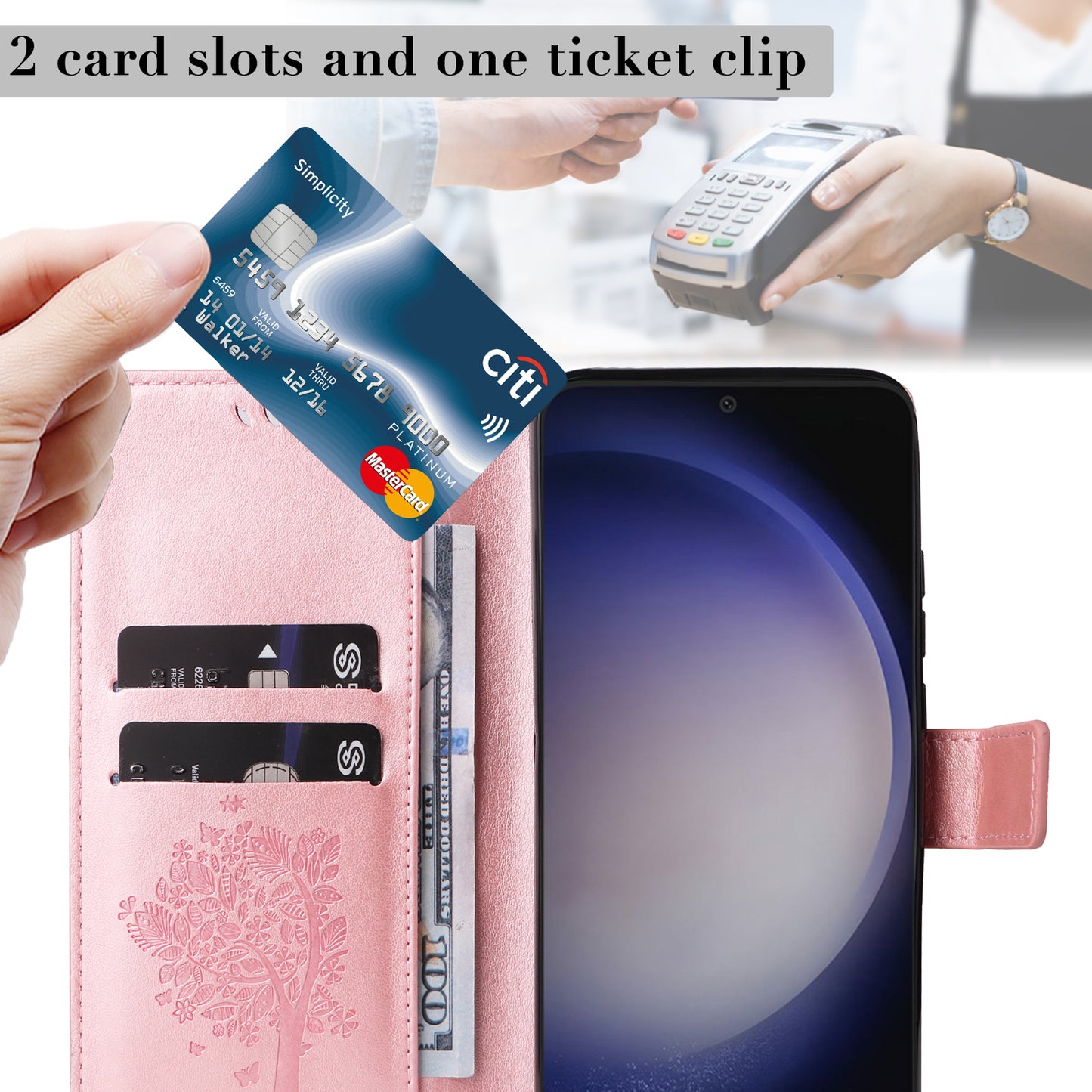 KT Imprinting Flower Series-3 for Samsung Galaxy S24 Case Leather Cat Tree Phone Cover - Rose Gold