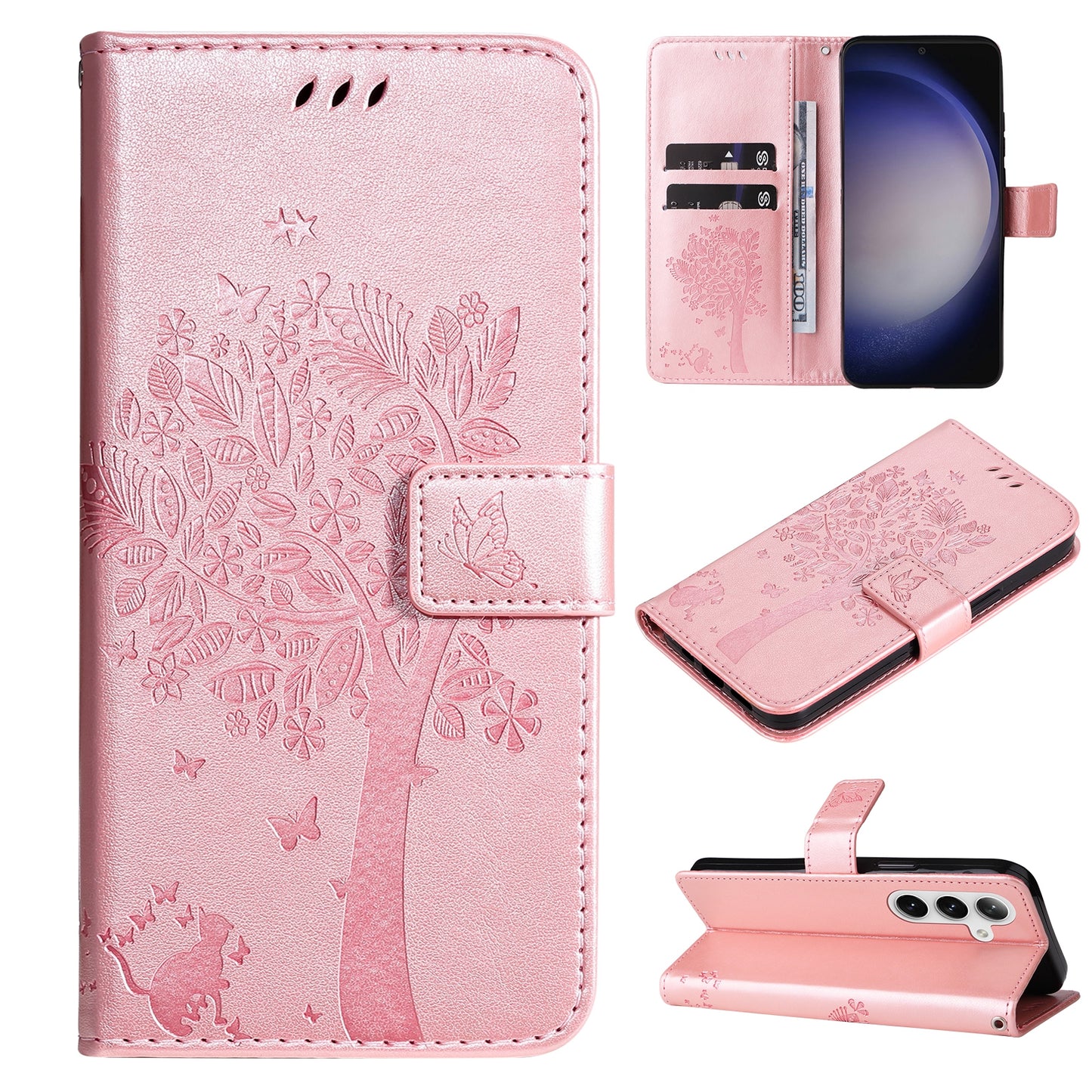KT Imprinting Flower Series-3 for Samsung Galaxy S24 Case Leather Cat Tree Phone Cover - Rose Gold