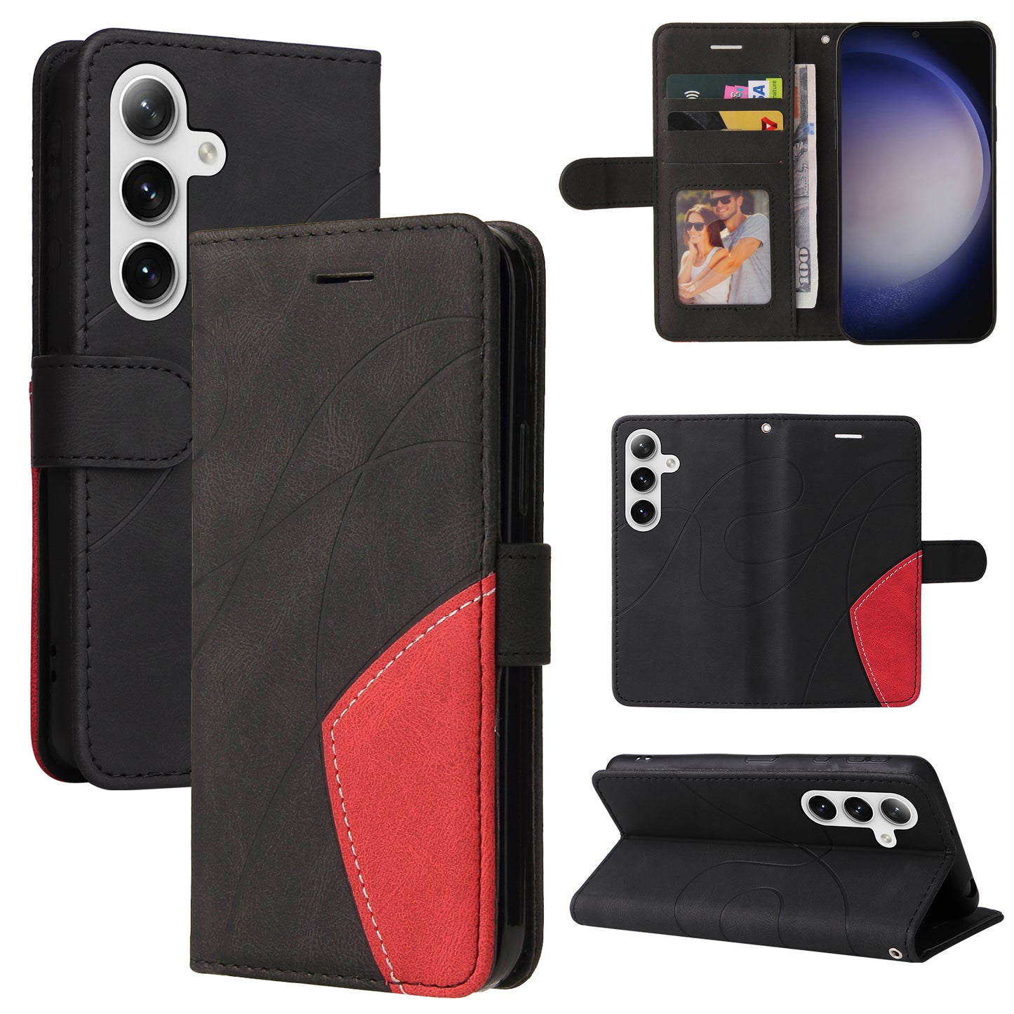 KT Leather Series-1 For Samsung Galaxy S24 Case Wallet PU Leather Splicing Phone Cover - Black