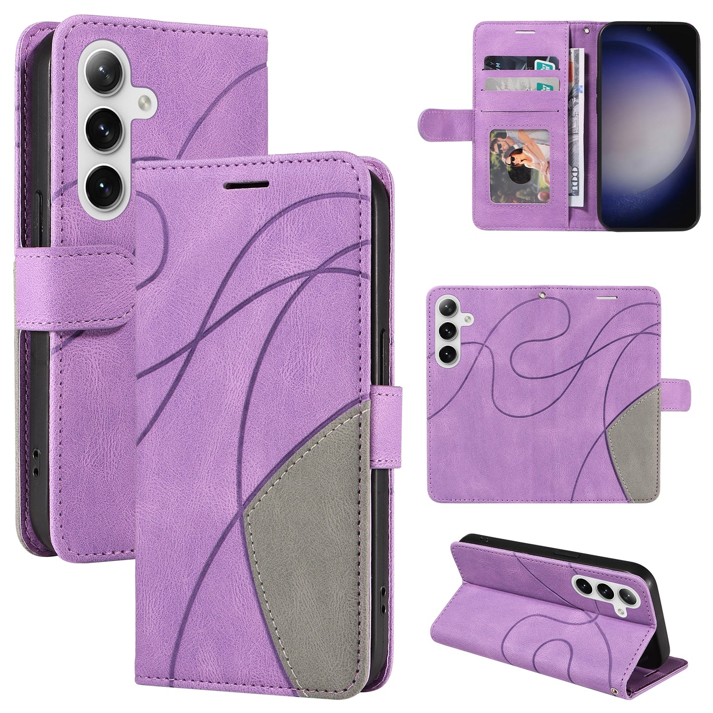 KT Leather Series-1 For Samsung Galaxy S24 Case Wallet PU Leather Splicing Phone Cover - Light Purple