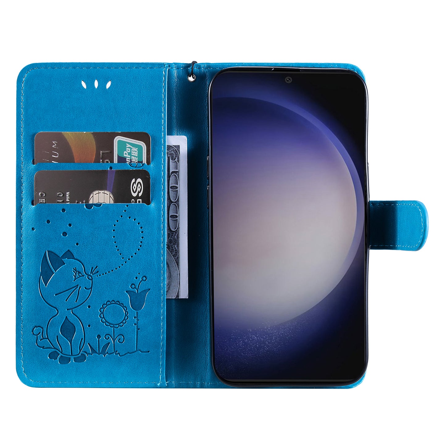 KT Imprinting Flower Series-4 For Samsung Galaxy S24 Case Cat Imprinted Leather Cover - Blue