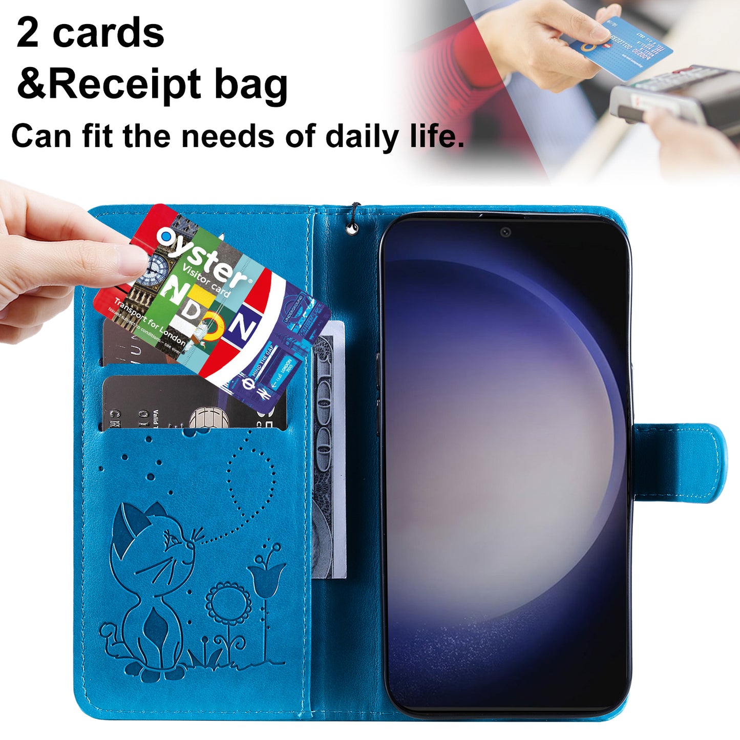 KT Imprinting Flower Series-4 For Samsung Galaxy S24 Case Cat Imprinted Leather Cover - Blue