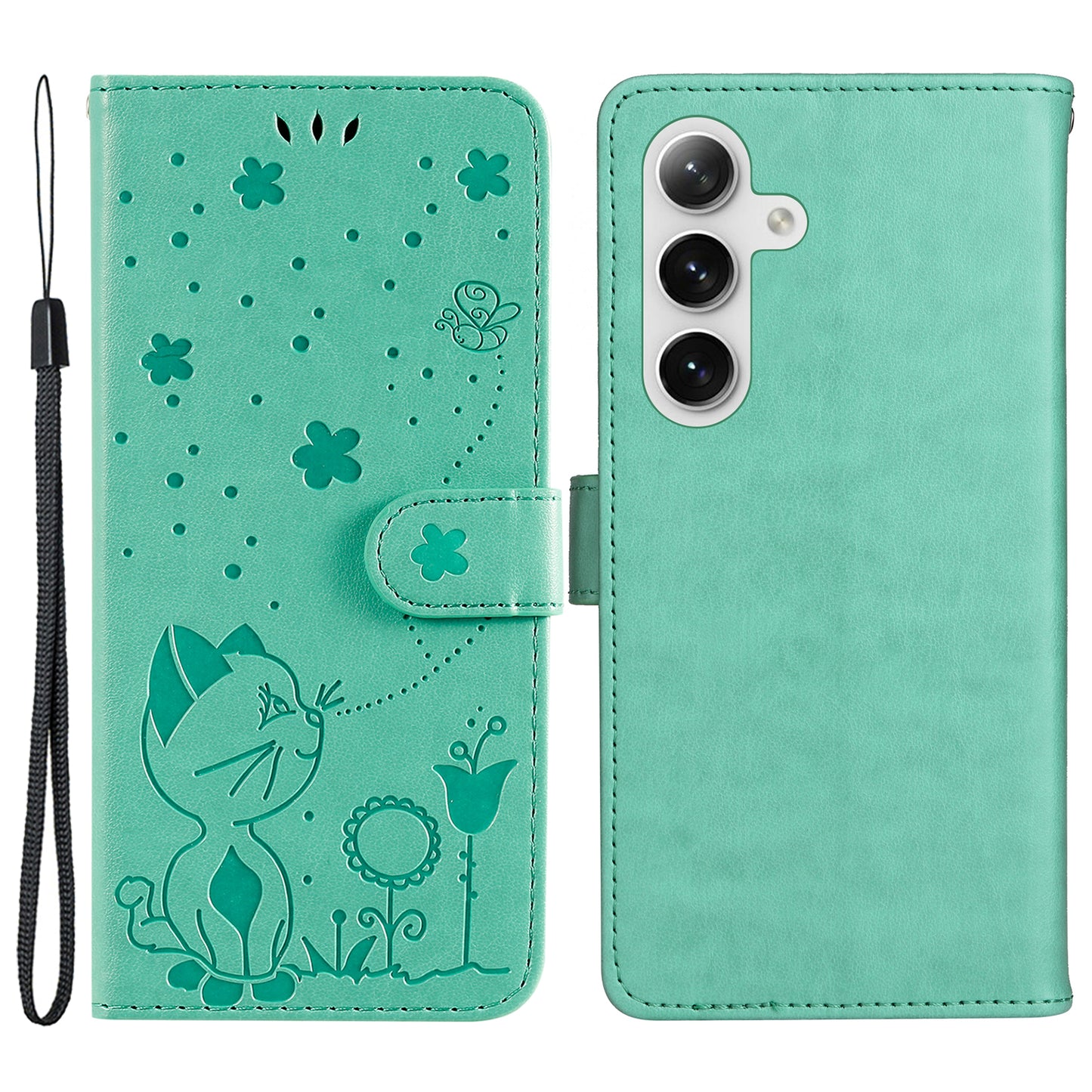 KT Imprinting Flower Series-4 For Samsung Galaxy S24 Case Cat Imprinted Leather Cover - Green