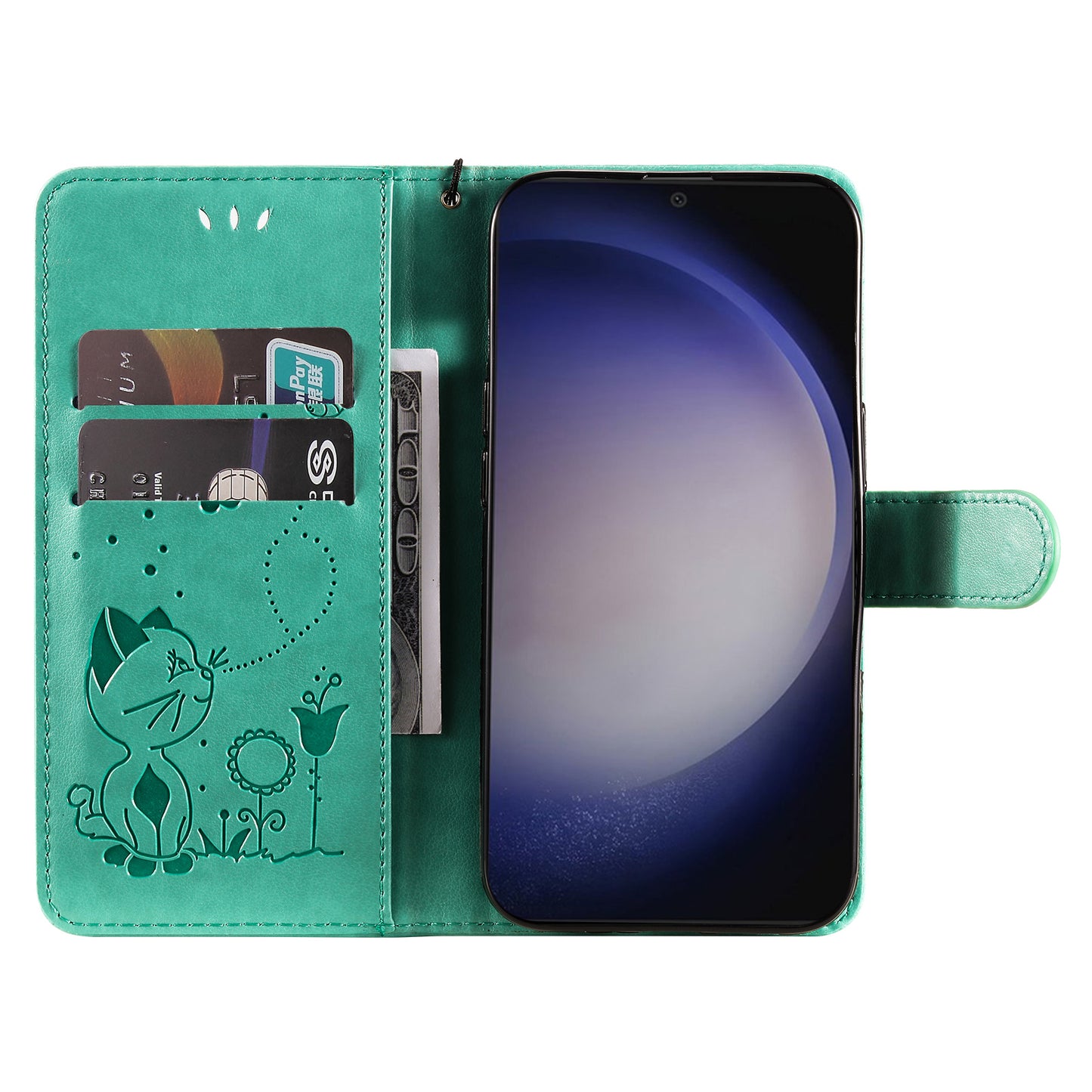 KT Imprinting Flower Series-4 For Samsung Galaxy S24 Case Cat Imprinted Leather Cover - Green