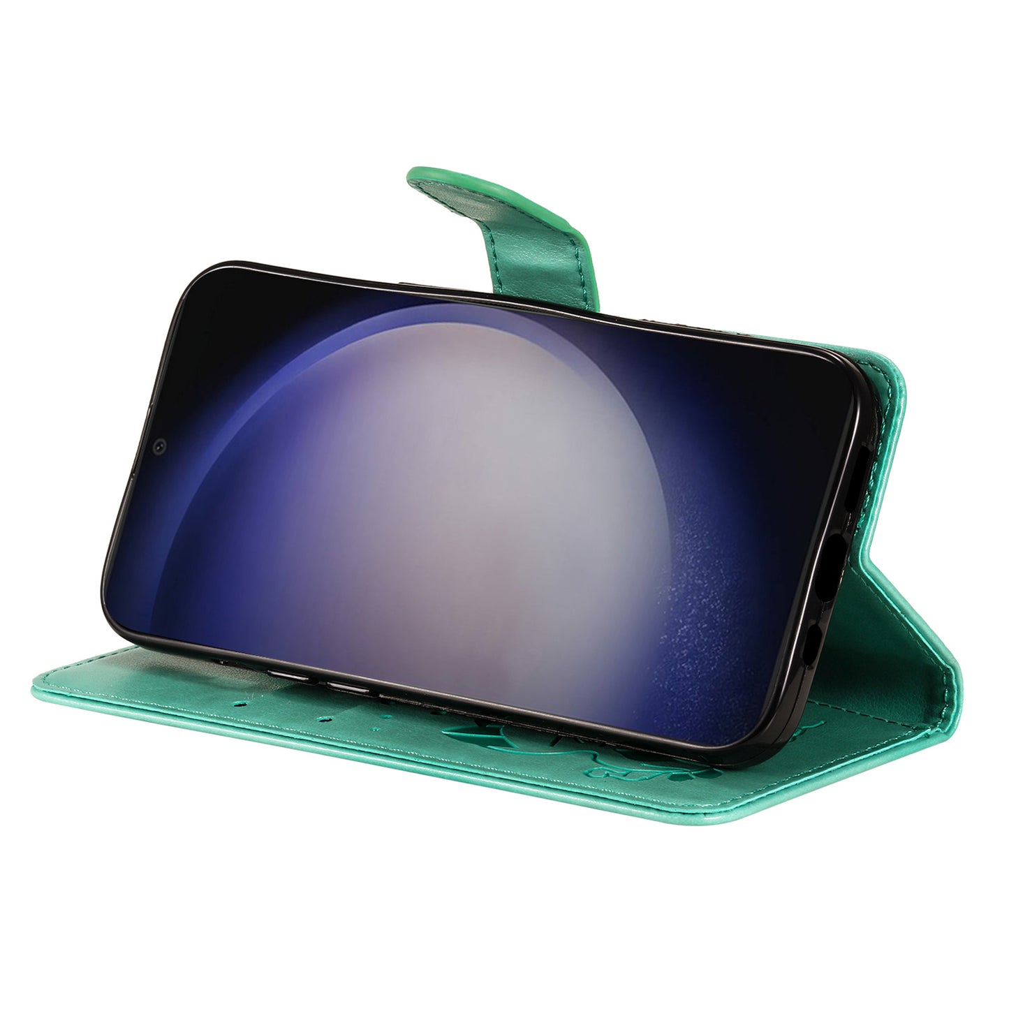 KT Imprinting Flower Series-4 For Samsung Galaxy S24 Case Cat Imprinted Leather Cover - Green