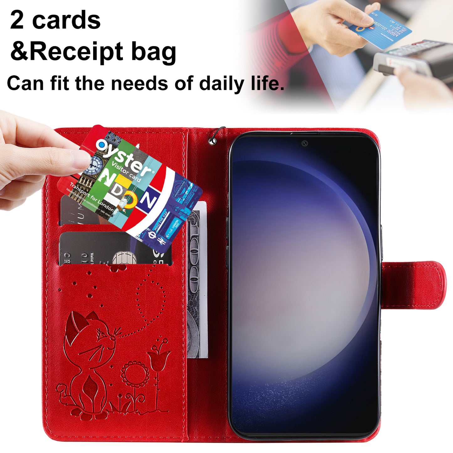 KT Imprinting Flower Series-4 For Samsung Galaxy S24 Case Cat Imprinted Leather Cover - Red