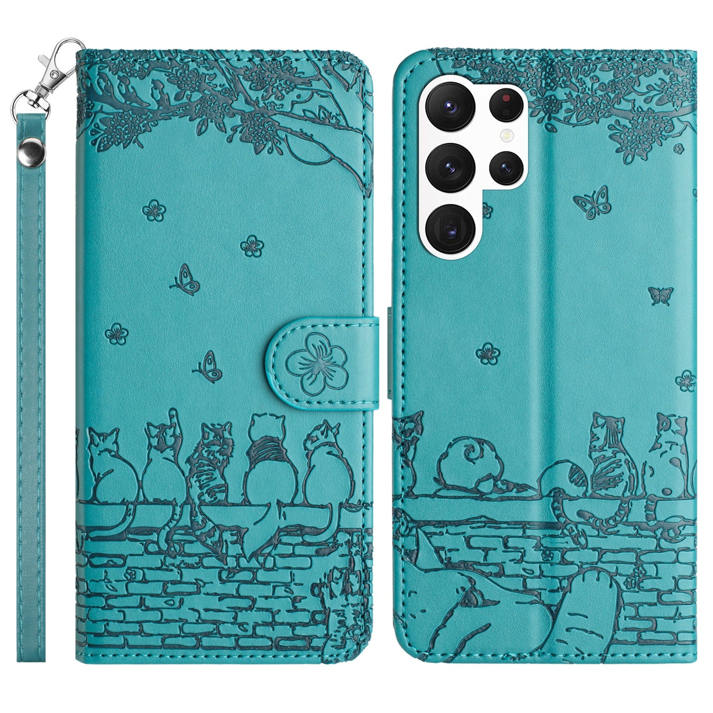 For Samsung Galaxy S24 Ultra Case Imprinted PU Leather Wallet Magnetic Phone Cover with Strap - Blue