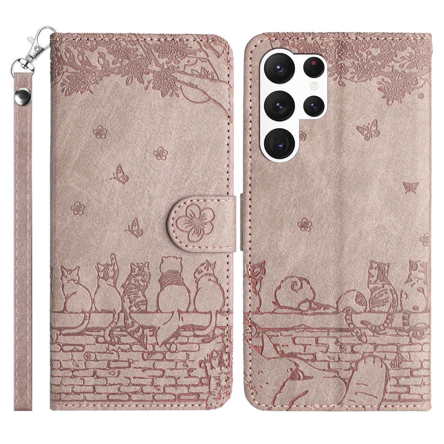 For Samsung Galaxy S24 Ultra Case Imprinted PU Leather Wallet Magnetic Phone Cover with Strap - Smoky Purple