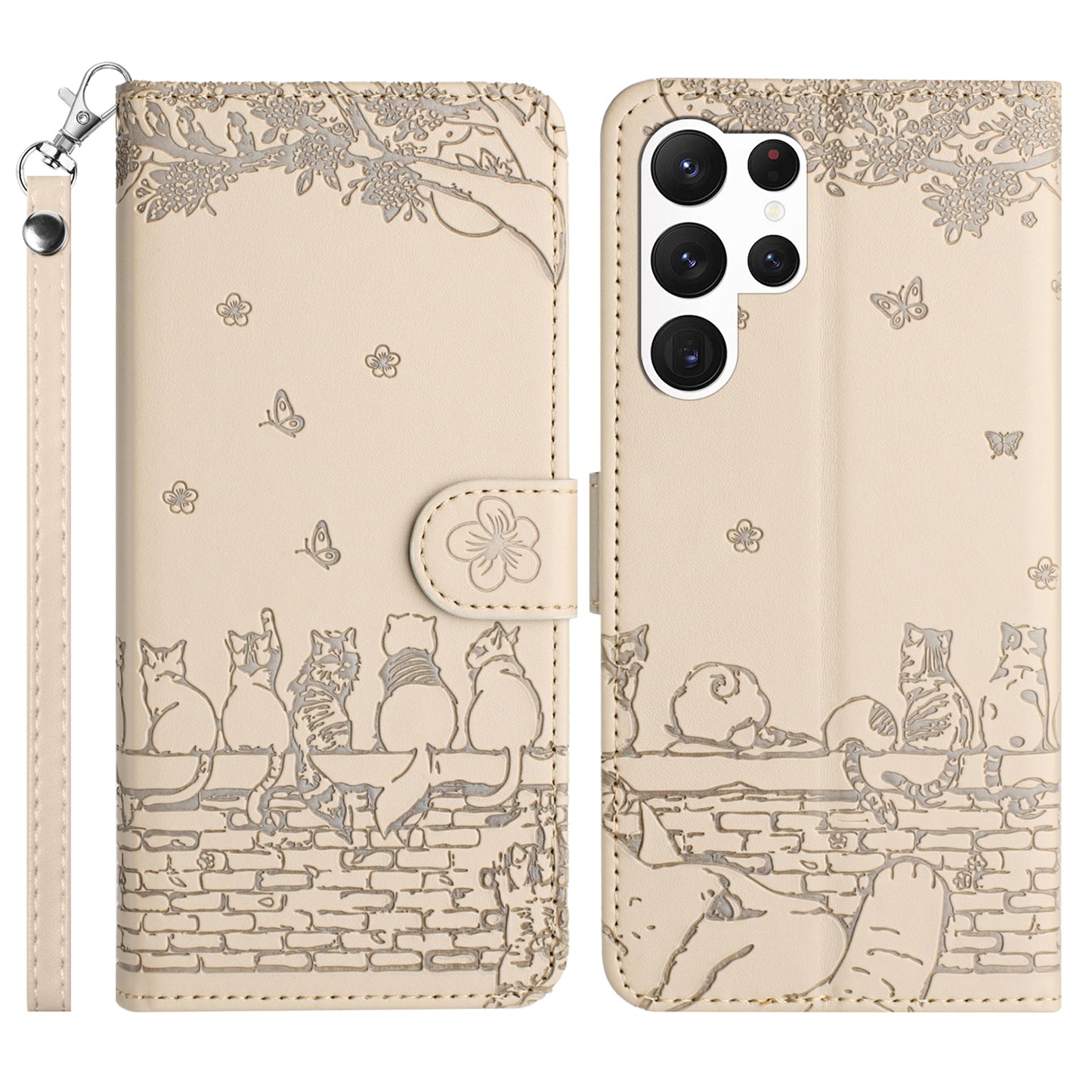 For Samsung Galaxy S24 Ultra Case Imprinted PU Leather Wallet Magnetic Phone Cover with Strap - Apricot