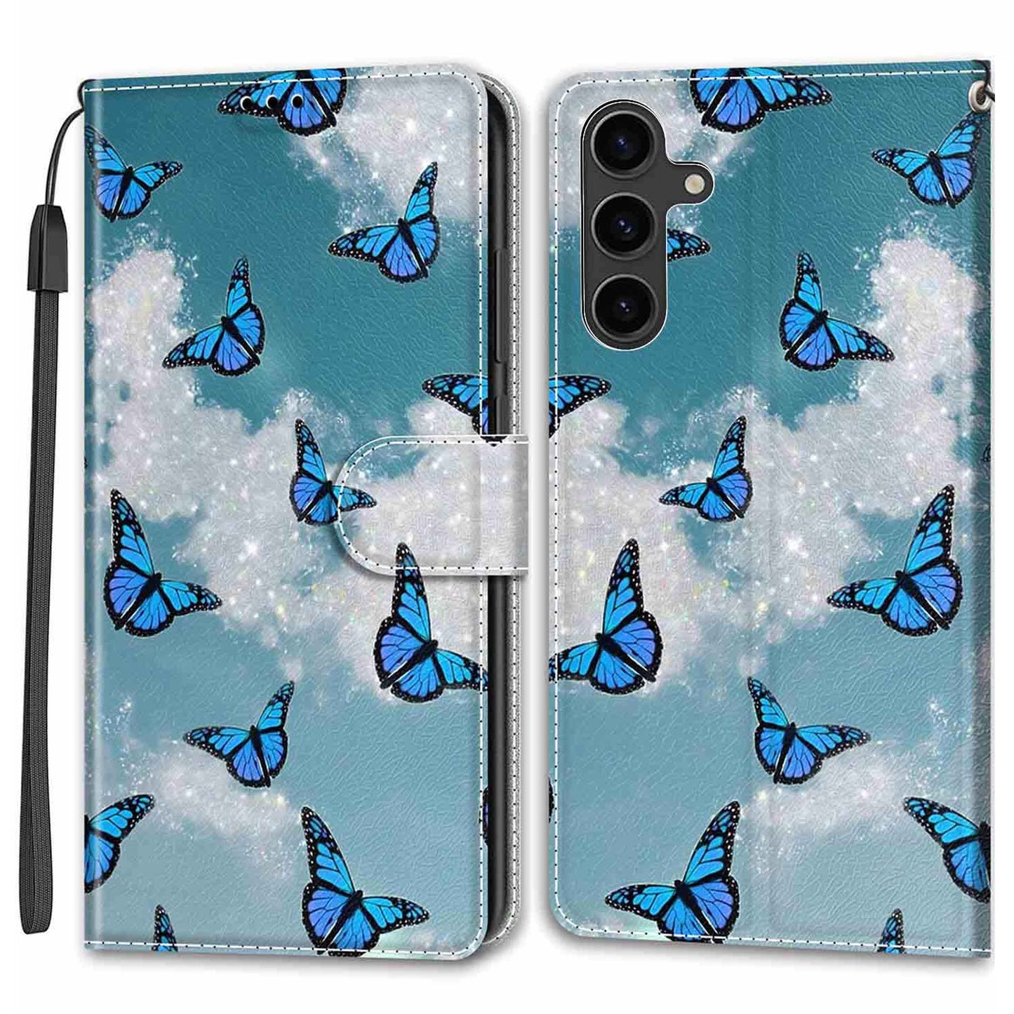 For Samsung Galaxy S24+ Case Pattern Printing Card Holder Phone Cover - White Cloud / Blue Butterflies