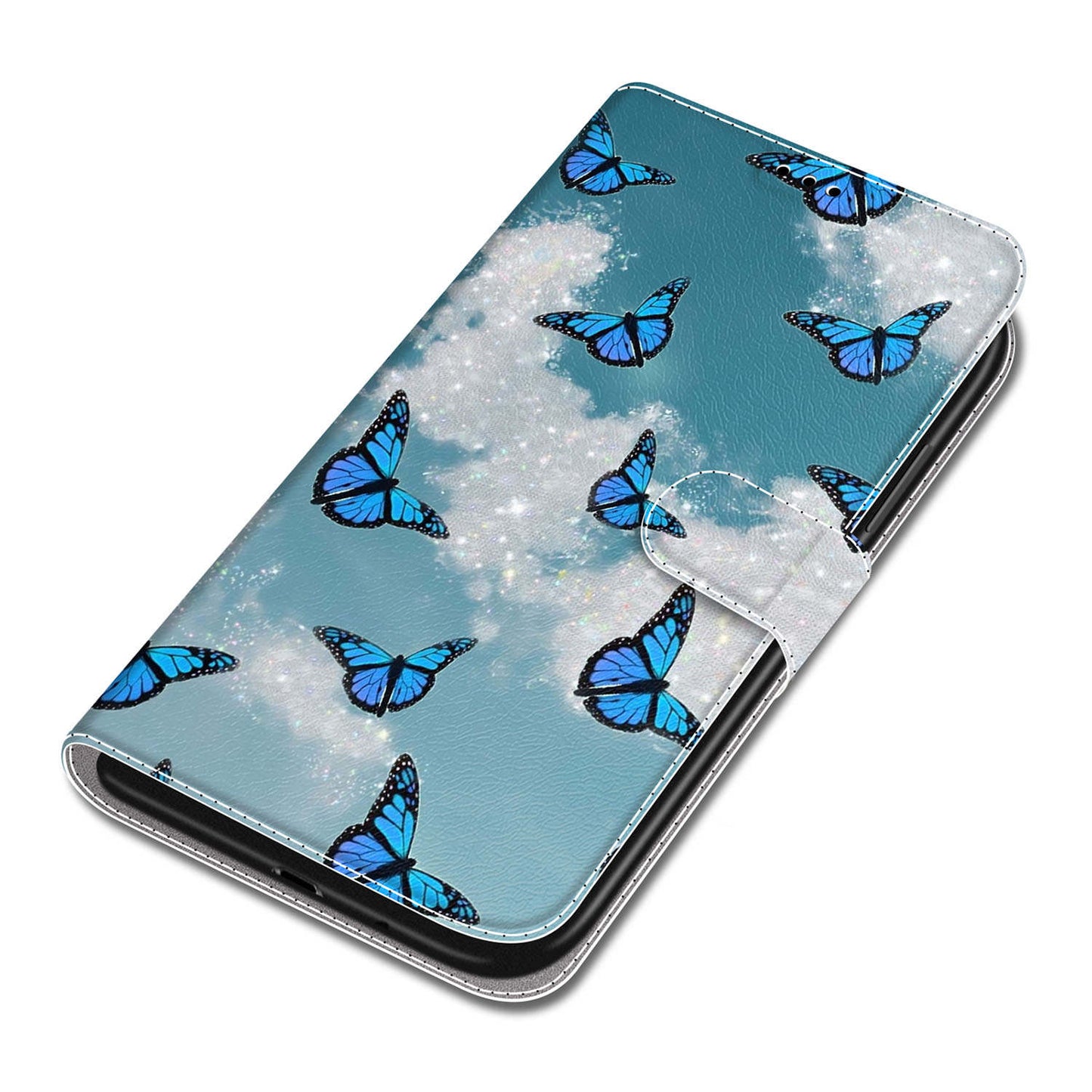 For Samsung Galaxy S24+ Case Pattern Printing Card Holder Phone Cover - White Cloud / Blue Butterflies