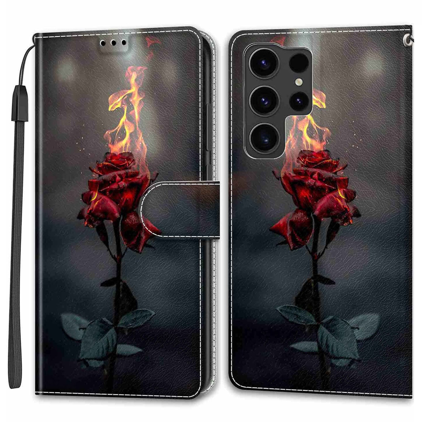 For Samsung Galaxy S24 Ultra Case Card Holder Leather Stand Phone Cover - Fire Rose