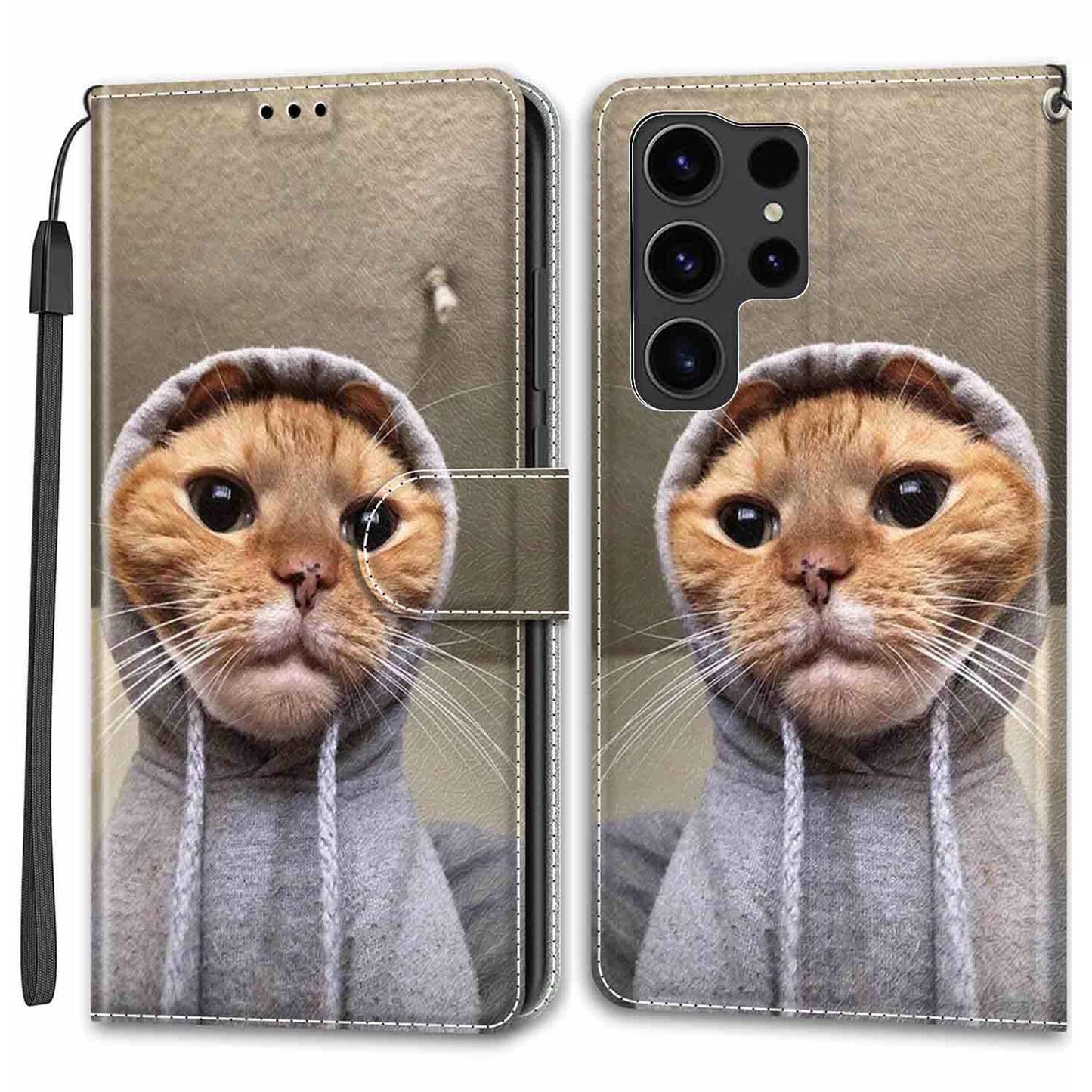 For Samsung Galaxy S24 Ultra Case Card Holder Leather Stand Phone Cover - Yellow Cat / Sweater