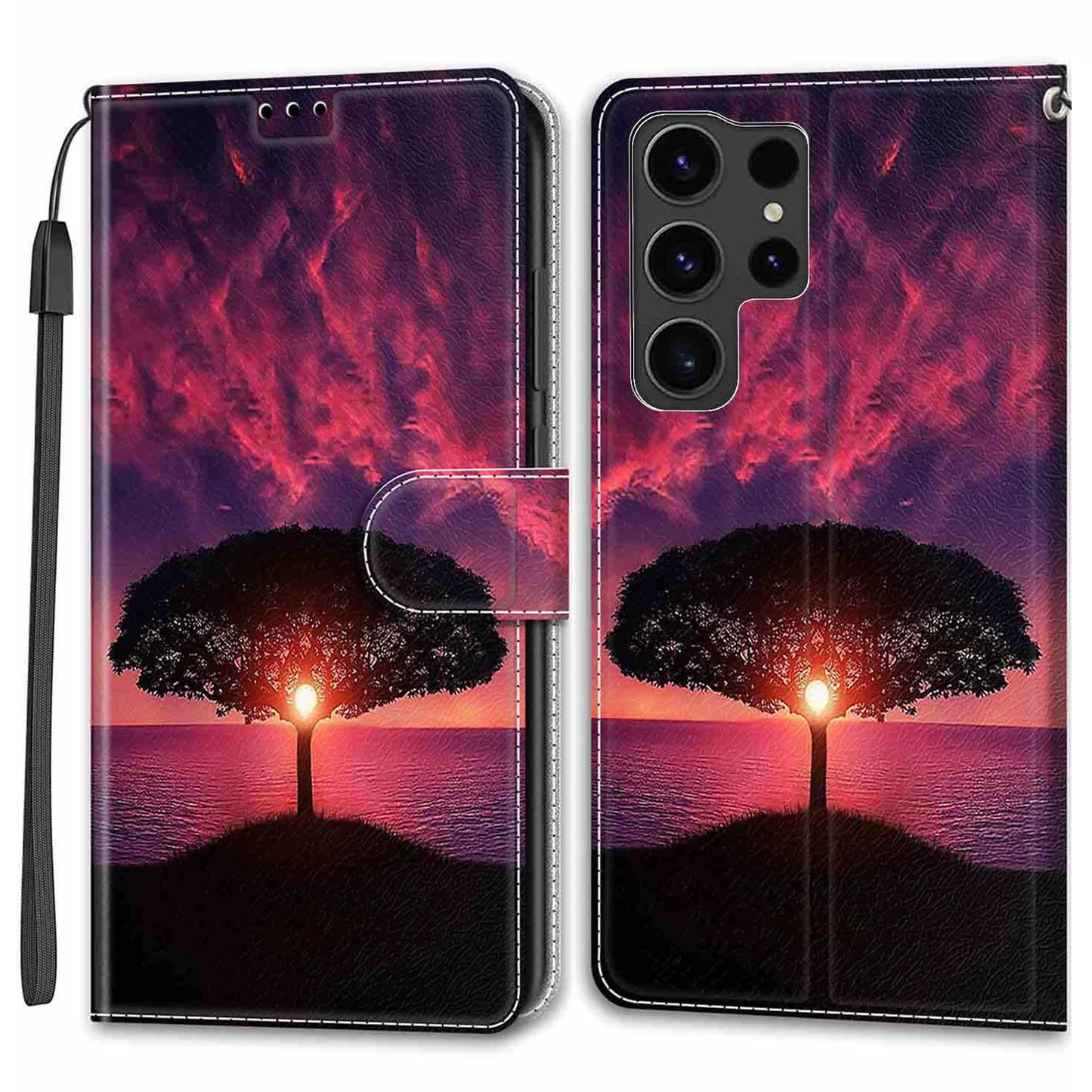 For Samsung Galaxy S24 Ultra Case Card Holder Leather Stand Phone Cover - Black Tree / Sunset