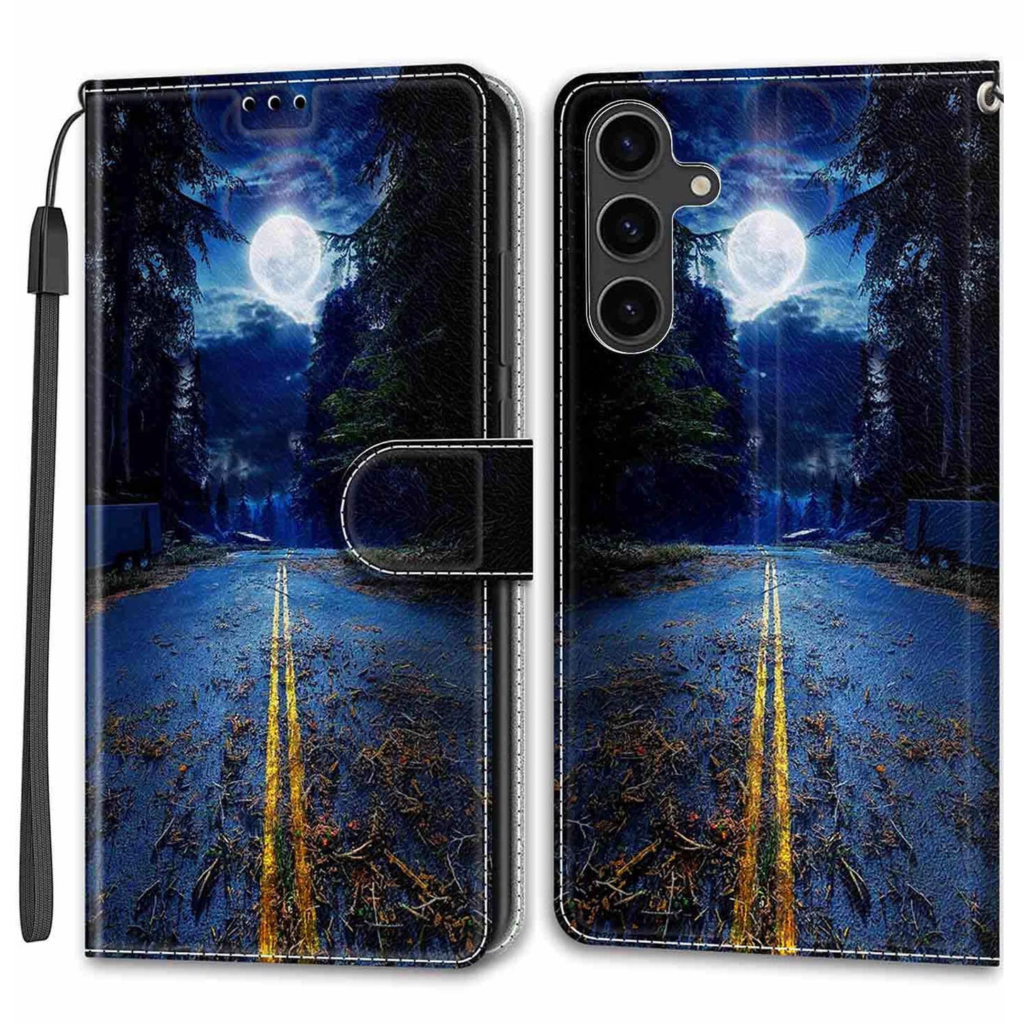 For Samsung Galaxy S24 Leather Case Card Holder Stand Cover - Night Road / Moon