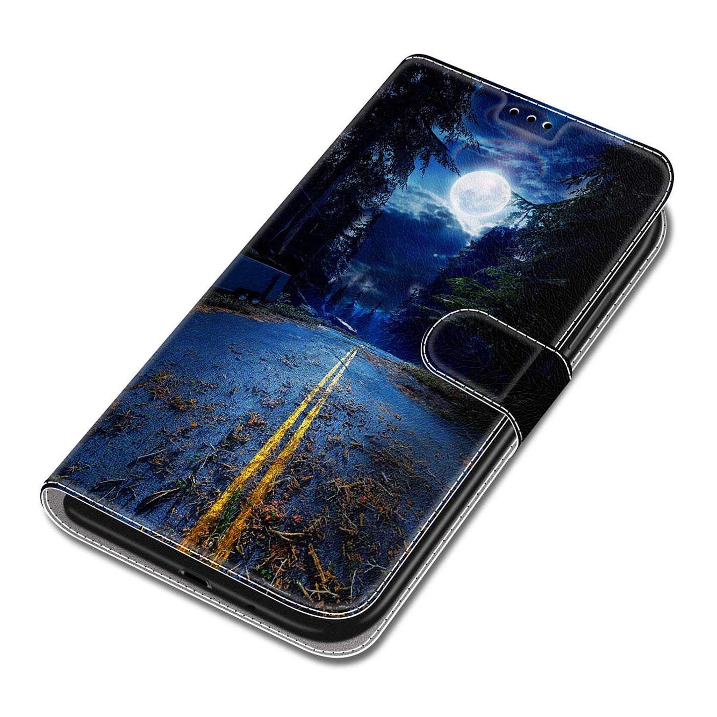 For Samsung Galaxy S24 Leather Case Card Holder Stand Cover - Night Road / Moon