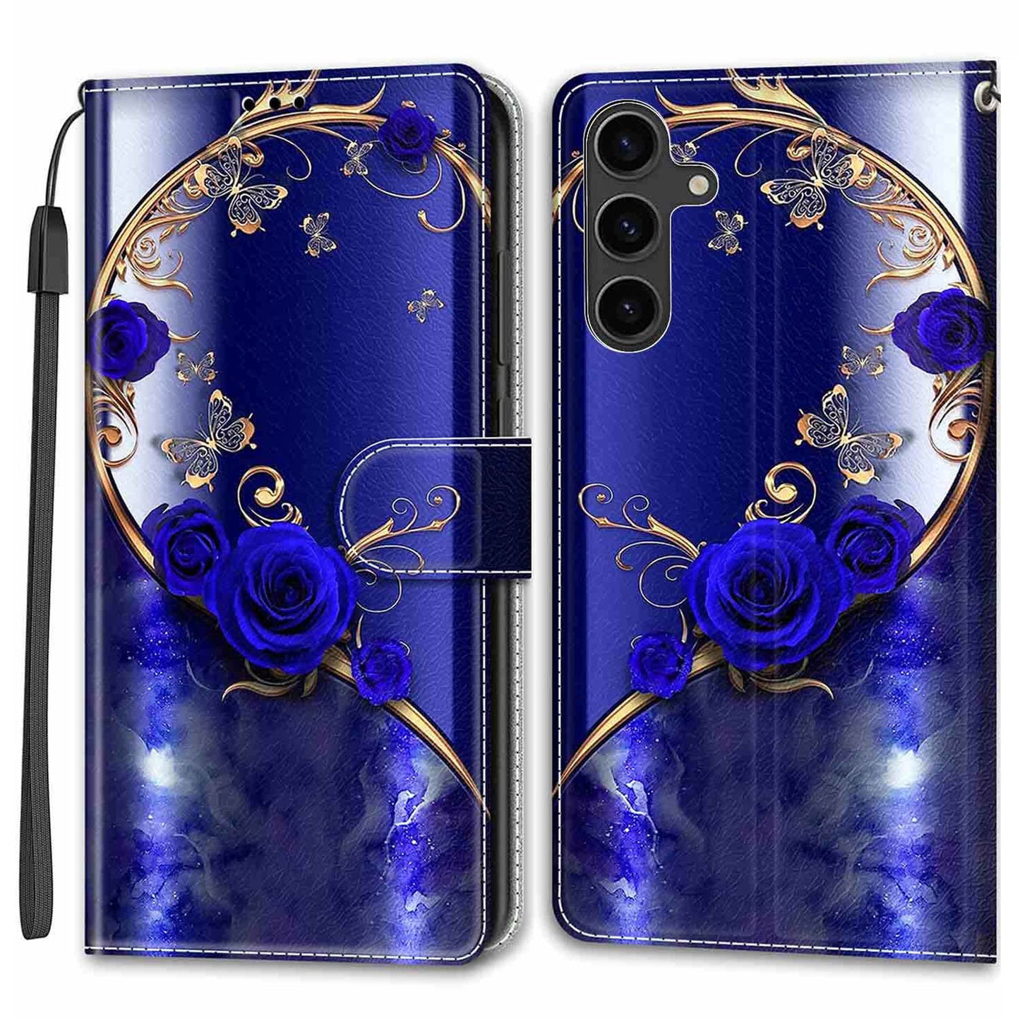 For Samsung Galaxy S24 Leather Case Card Holder Stand Cover - Blue Rose / Golden Butterfly