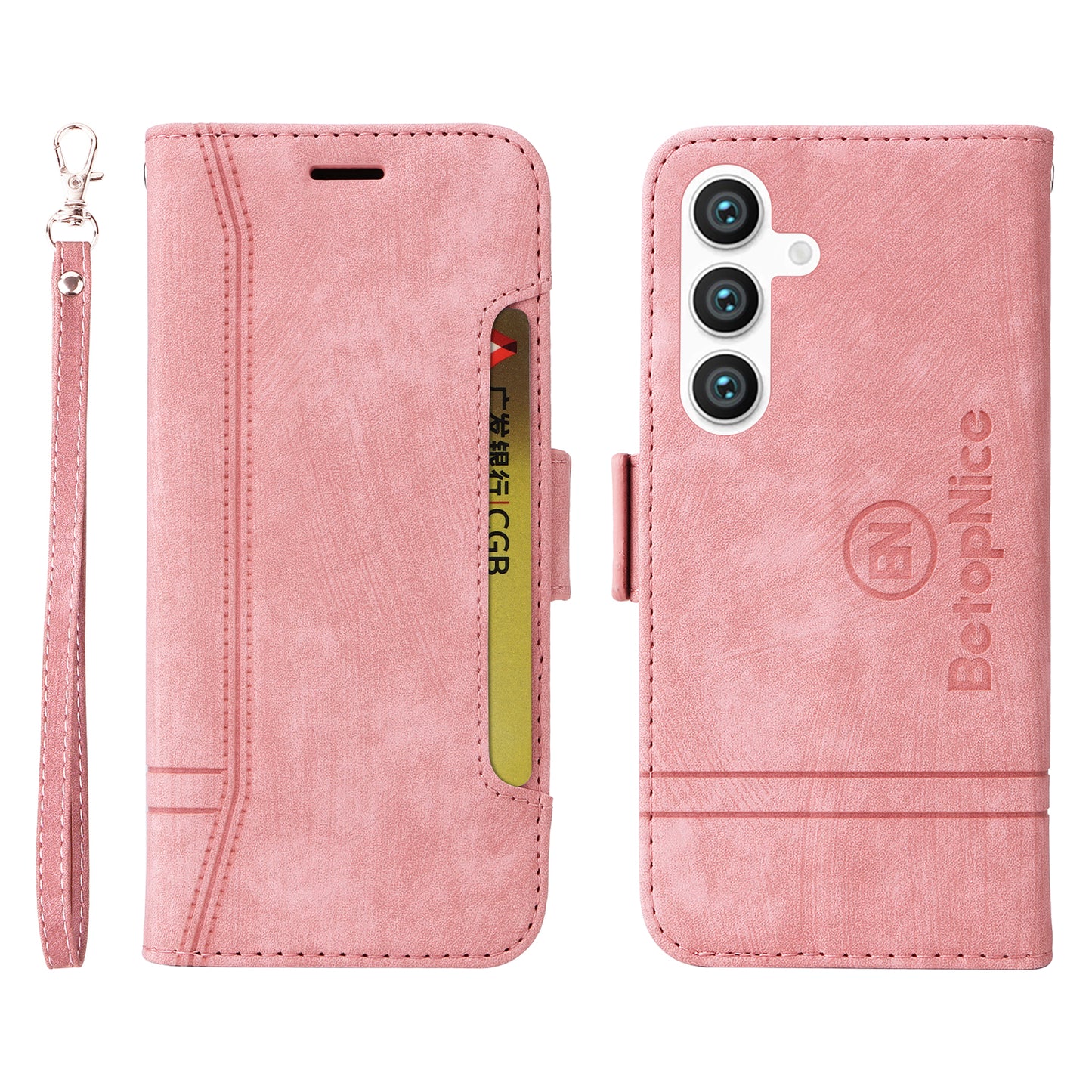 BETOPNICE 001 for Samsung Galaxy S24 Case Leather Wallet Flip Protective Phone Cover - Pink
