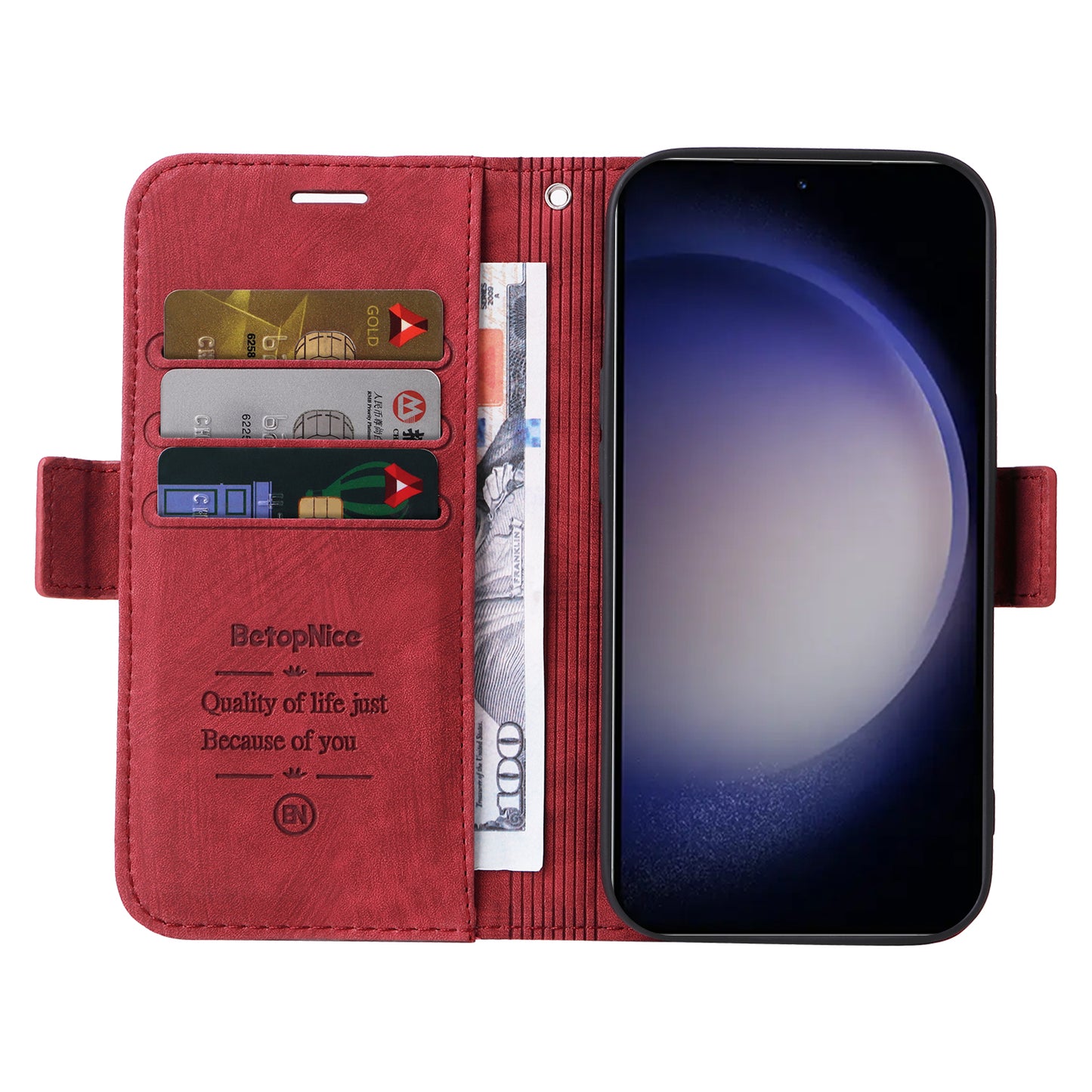BETOPNICE 001 for Samsung Galaxy S24 Case Leather Wallet Flip Protective Phone Cover - Red