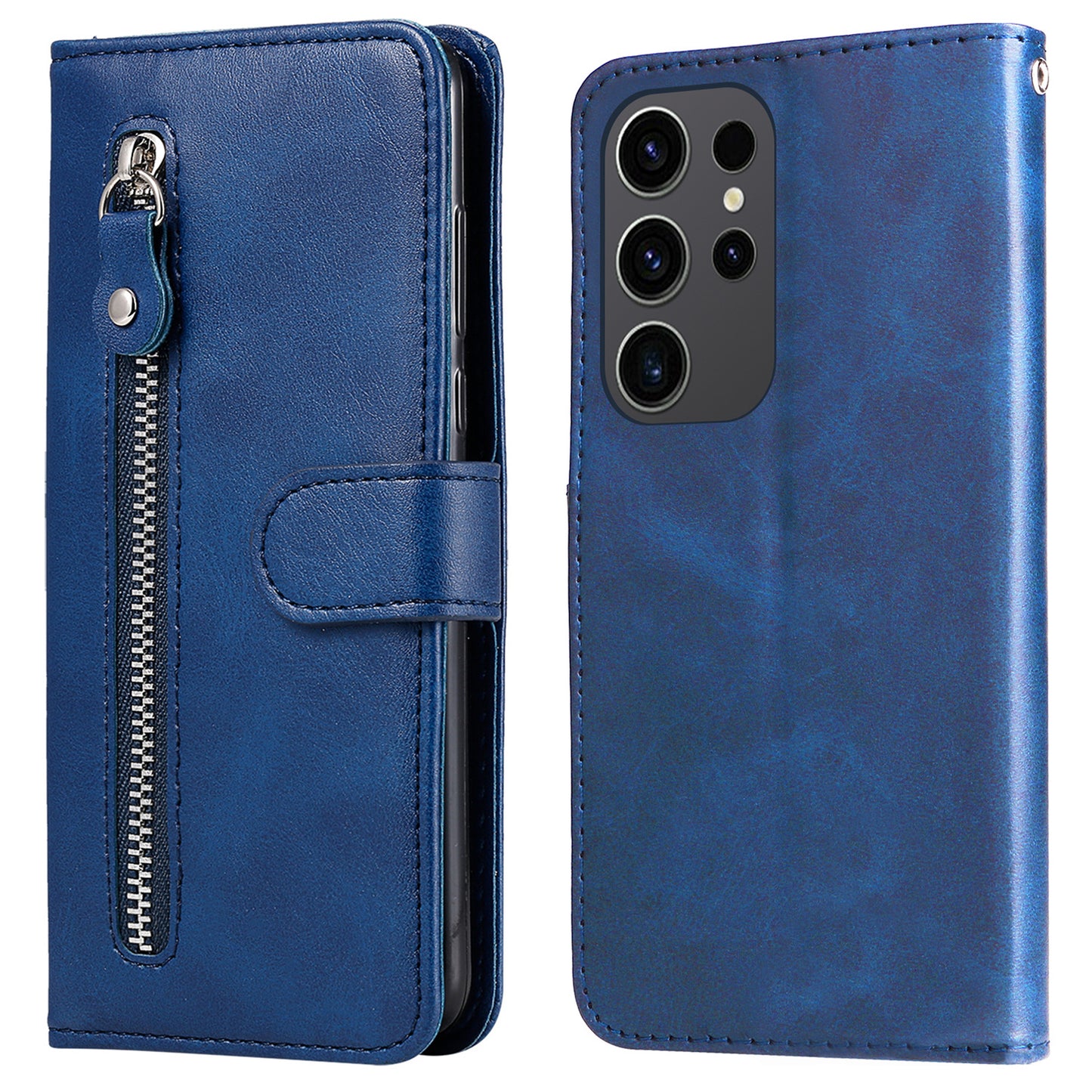 For Samsung Galaxy S24 Ultra Case PU Leather Zipper Wallet Phone Cover - Blue