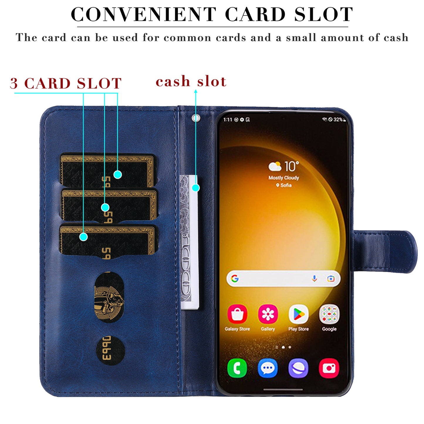 For Samsung Galaxy S24 Ultra Case PU Leather Zipper Wallet Phone Cover - Blue