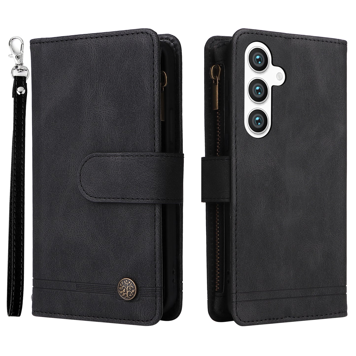 For Samsung Galaxy S24 Case PU Leather Zipper Card Slots Phone Cover - Black