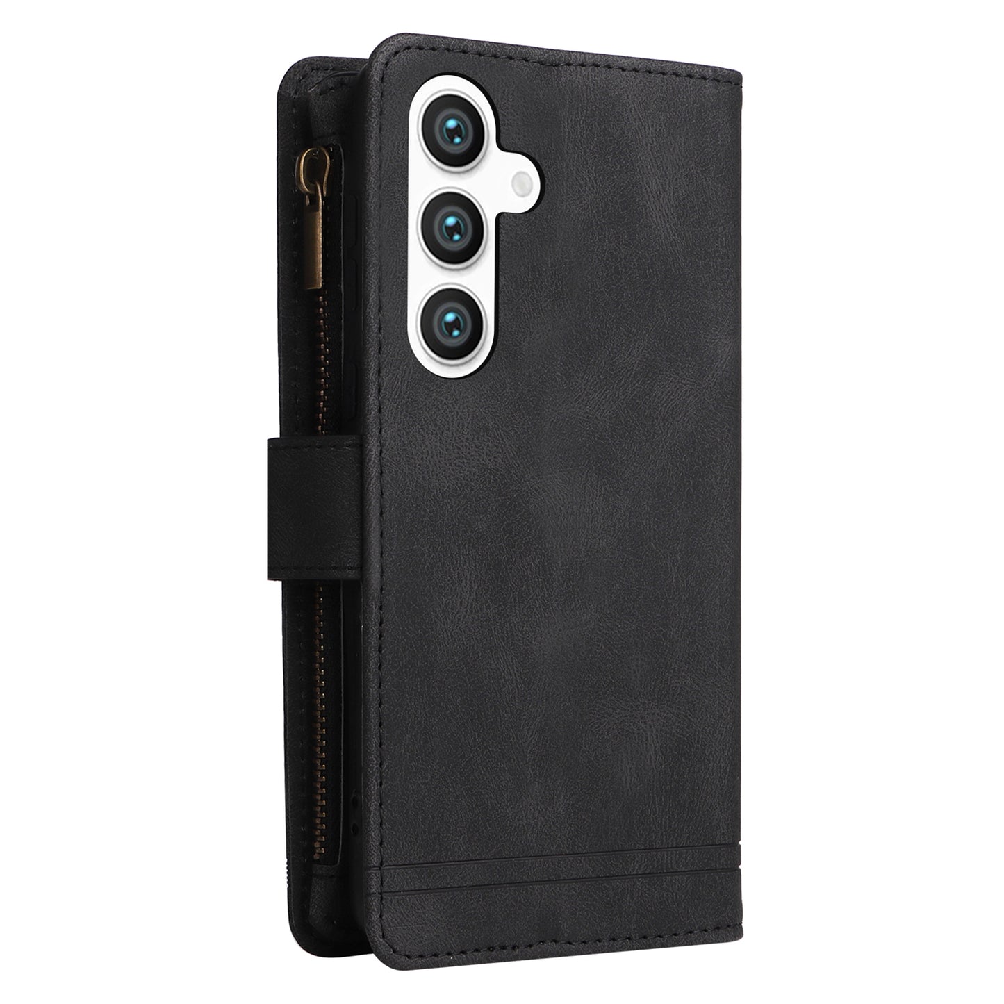 For Samsung Galaxy S24 Case PU Leather Zipper Card Slots Phone Cover - Black