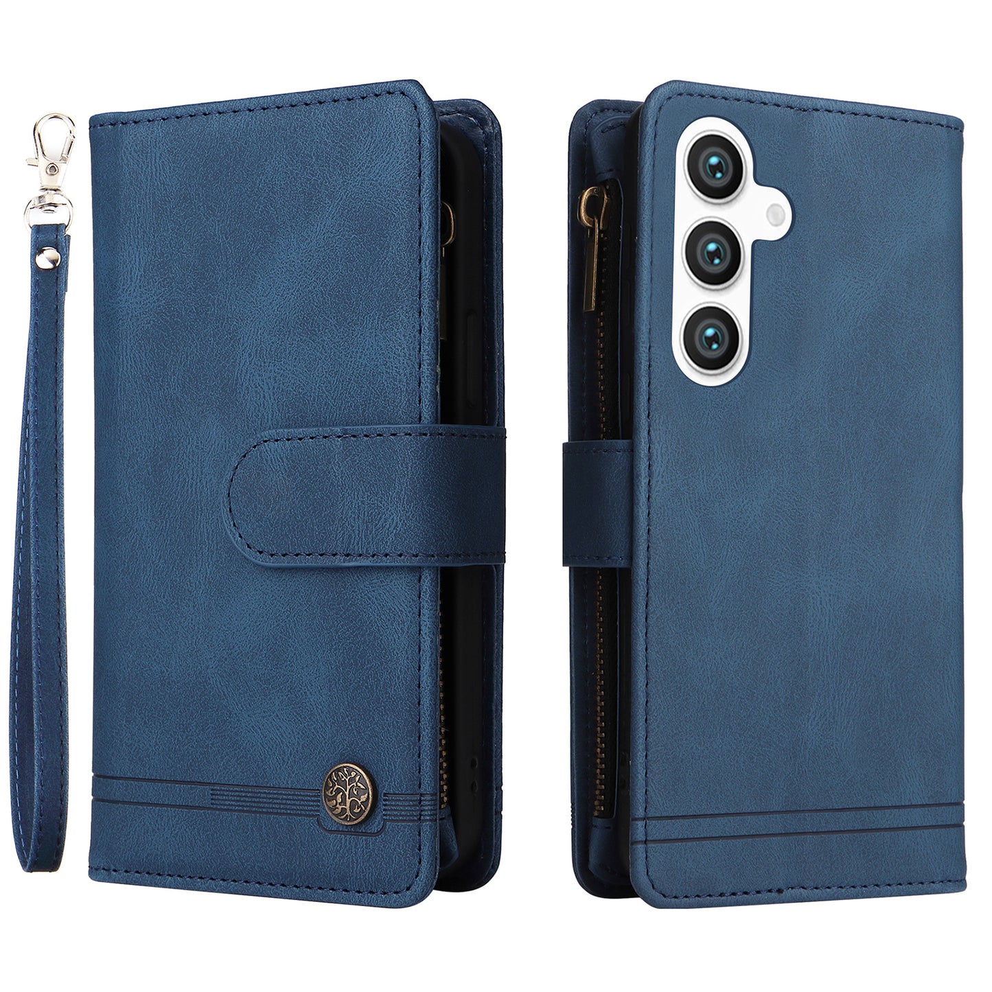 For Samsung Galaxy S24 Case PU Leather Zipper Card Slots Phone Cover - Blue