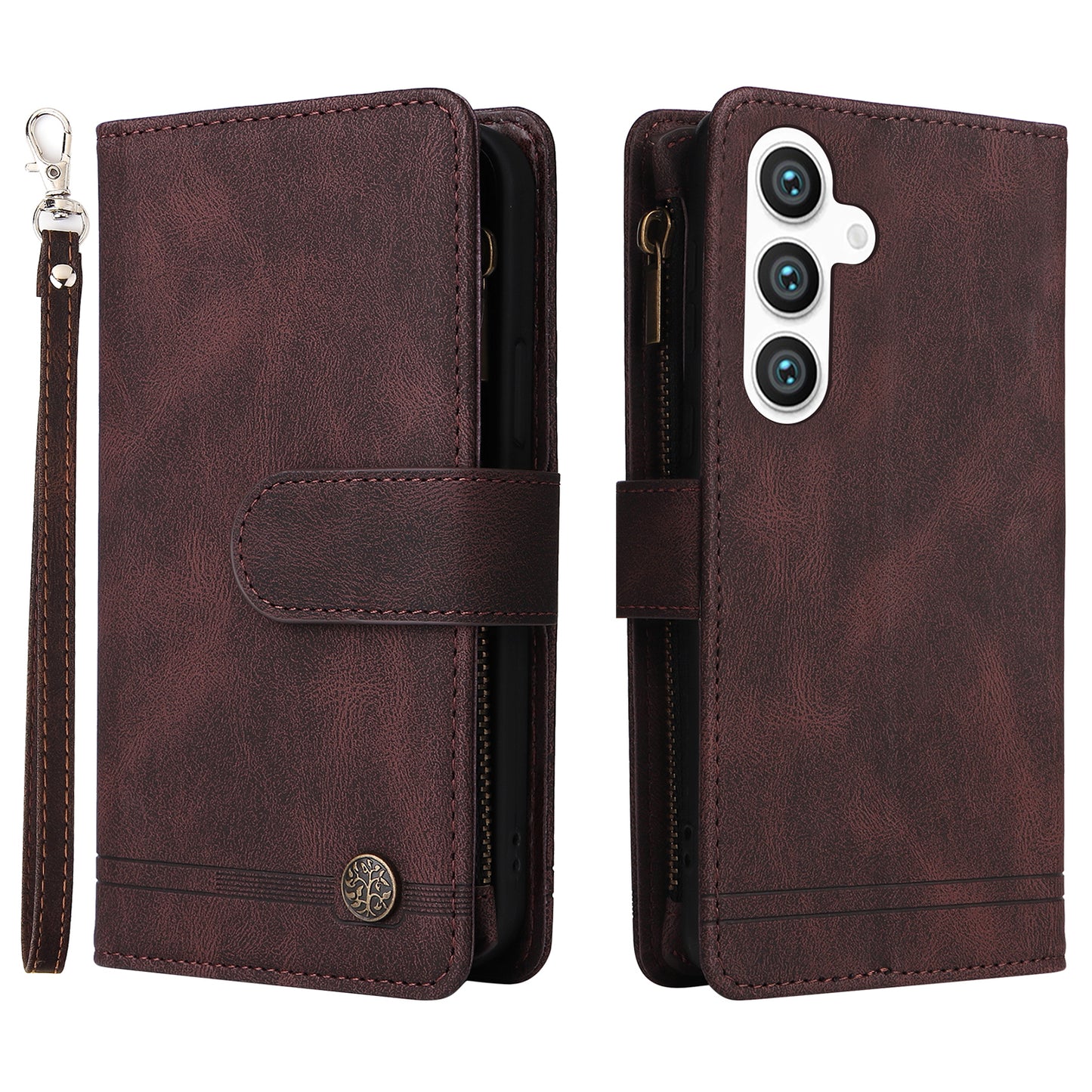 For Samsung Galaxy S24 Case PU Leather Zipper Card Slots Phone Cover - Brown