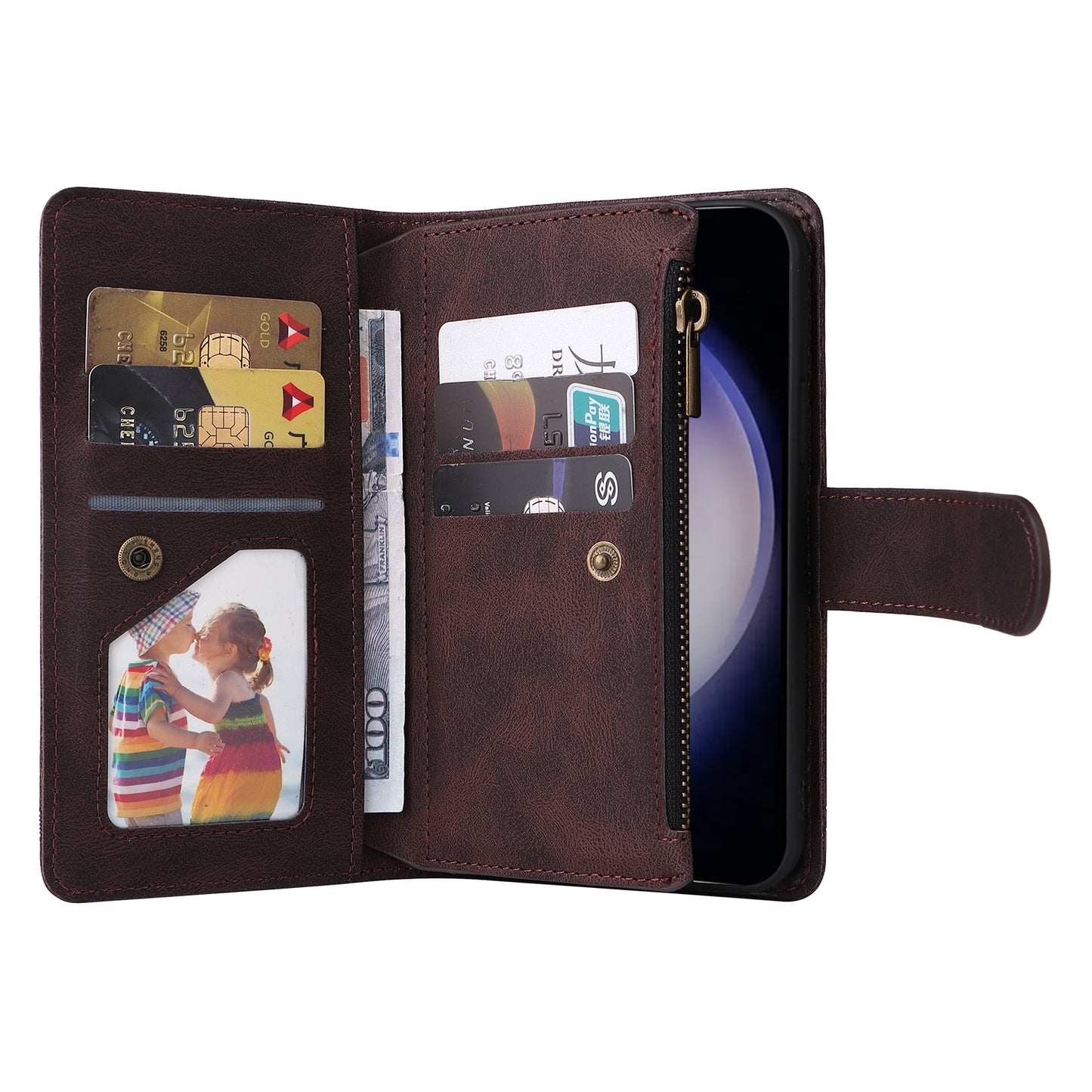 For Samsung Galaxy S24 Case PU Leather Zipper Card Slots Phone Cover - Brown