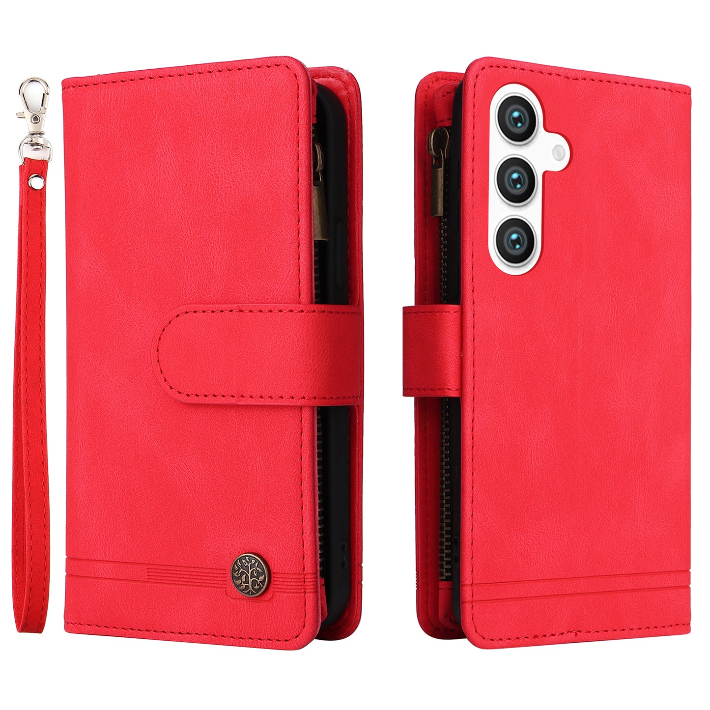 For Samsung Galaxy S24 Case PU Leather Zipper Card Slots Phone Cover - Red