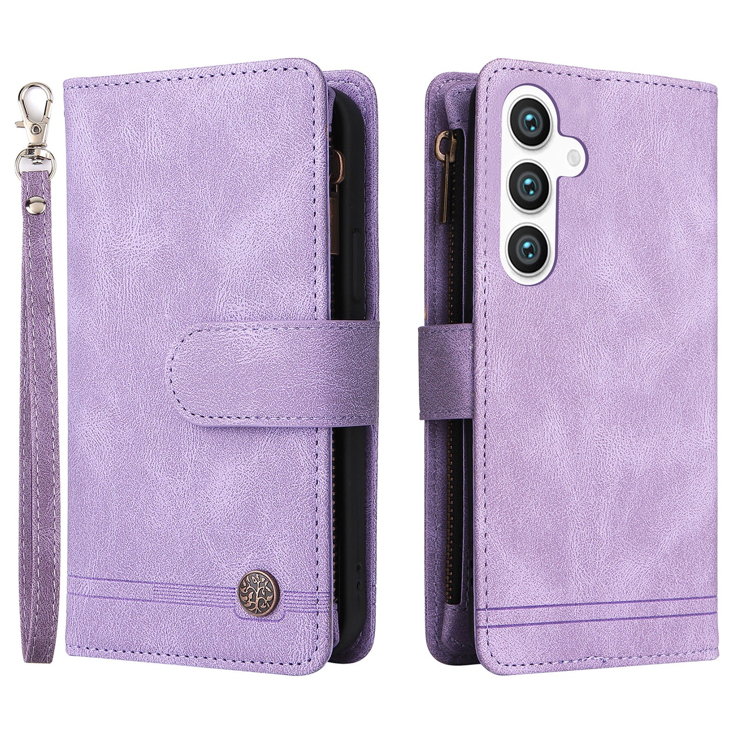 For Samsung Galaxy S24 Case PU Leather Zipper Card Slots Phone Cover - Purple