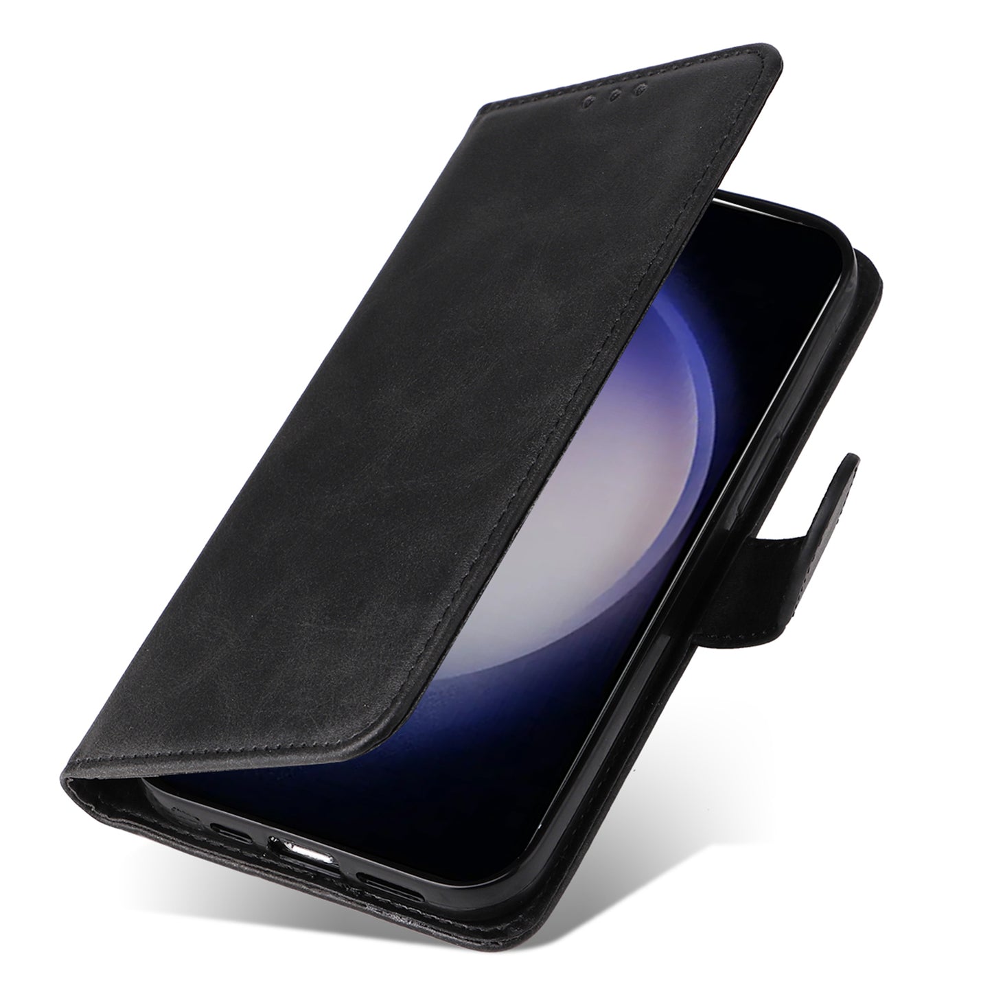For Samsung Galaxy S24 Case PU Leather Calf Texture Stand Folio Phone Cover - Black