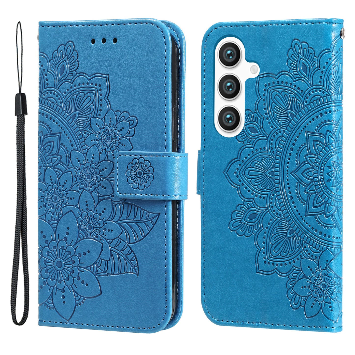 For Samsung Galaxy S24 Case Imprinted PU Leather Mobile Phone Shell Stand Wallet Cover - Blue