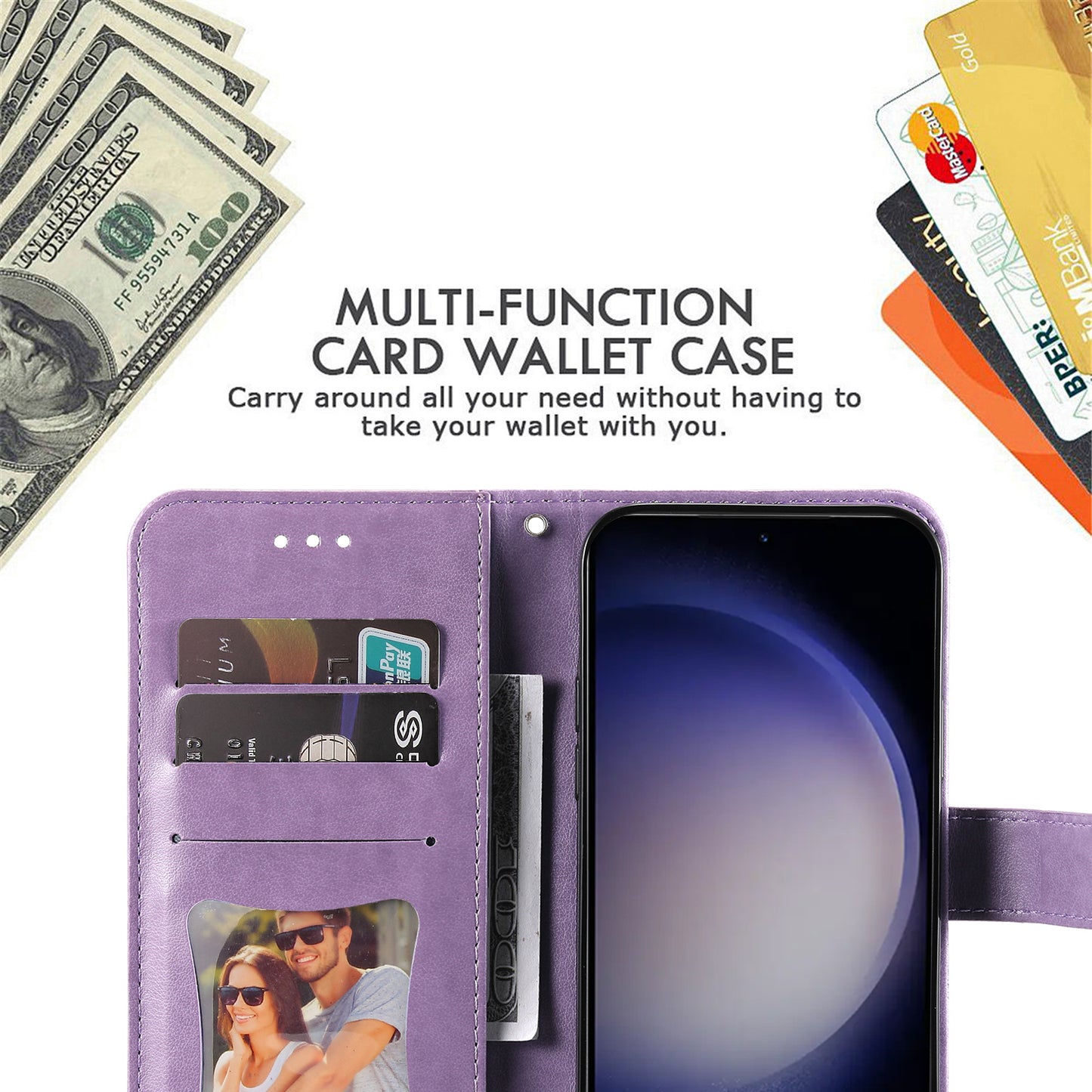 For Samsung Galaxy S24 Case Imprinted PU Leather Mobile Phone Shell Stand Wallet Cover - Purple