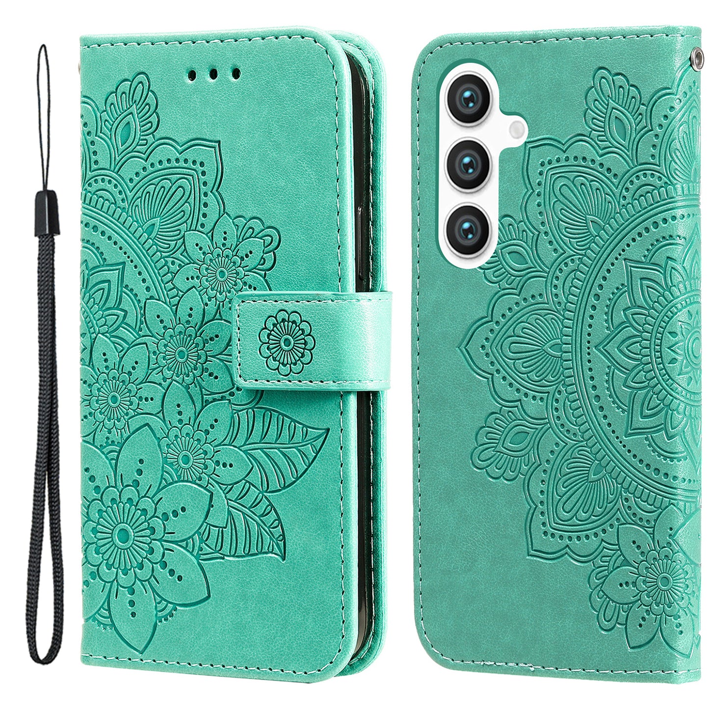 For Samsung Galaxy S24 Case Imprinted PU Leather Mobile Phone Shell Stand Wallet Cover - Green