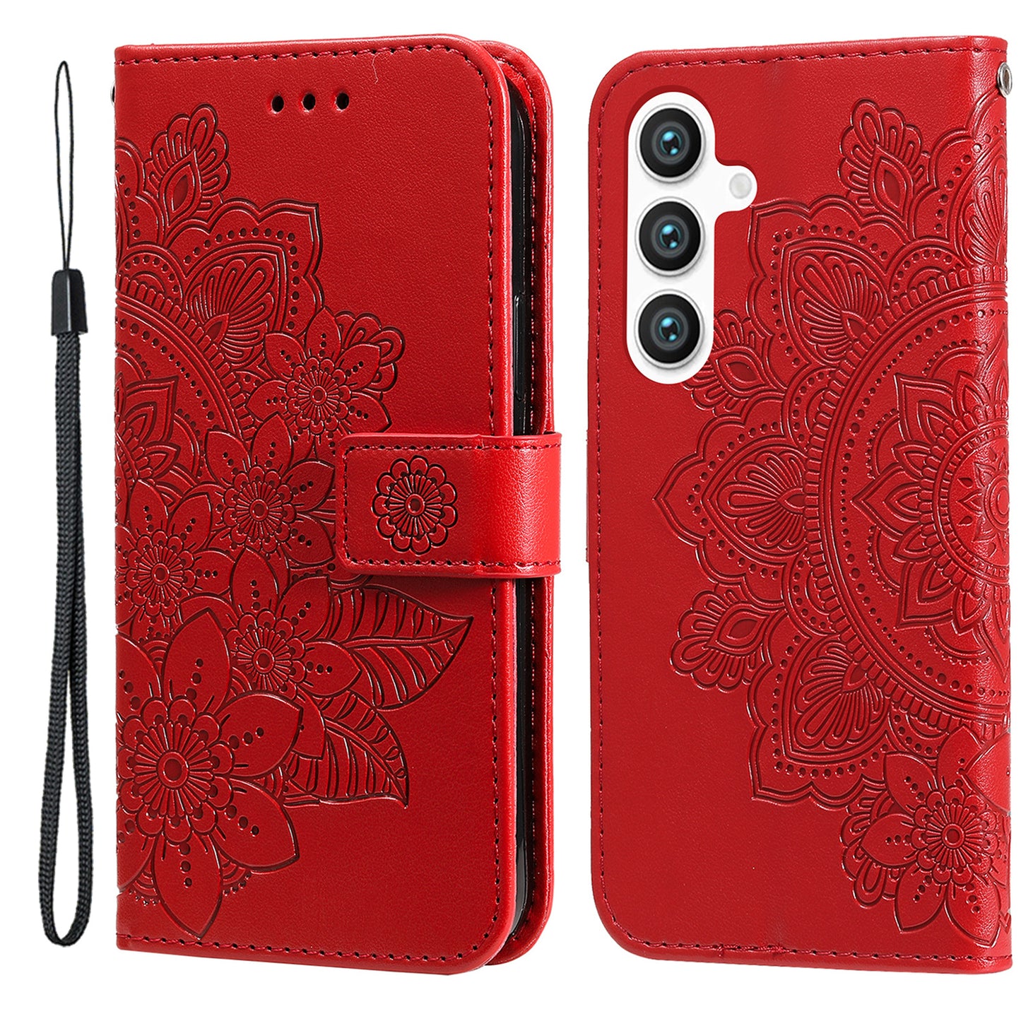 For Samsung Galaxy S24 Case Imprinted PU Leather Mobile Phone Shell Stand Wallet Cover - Red